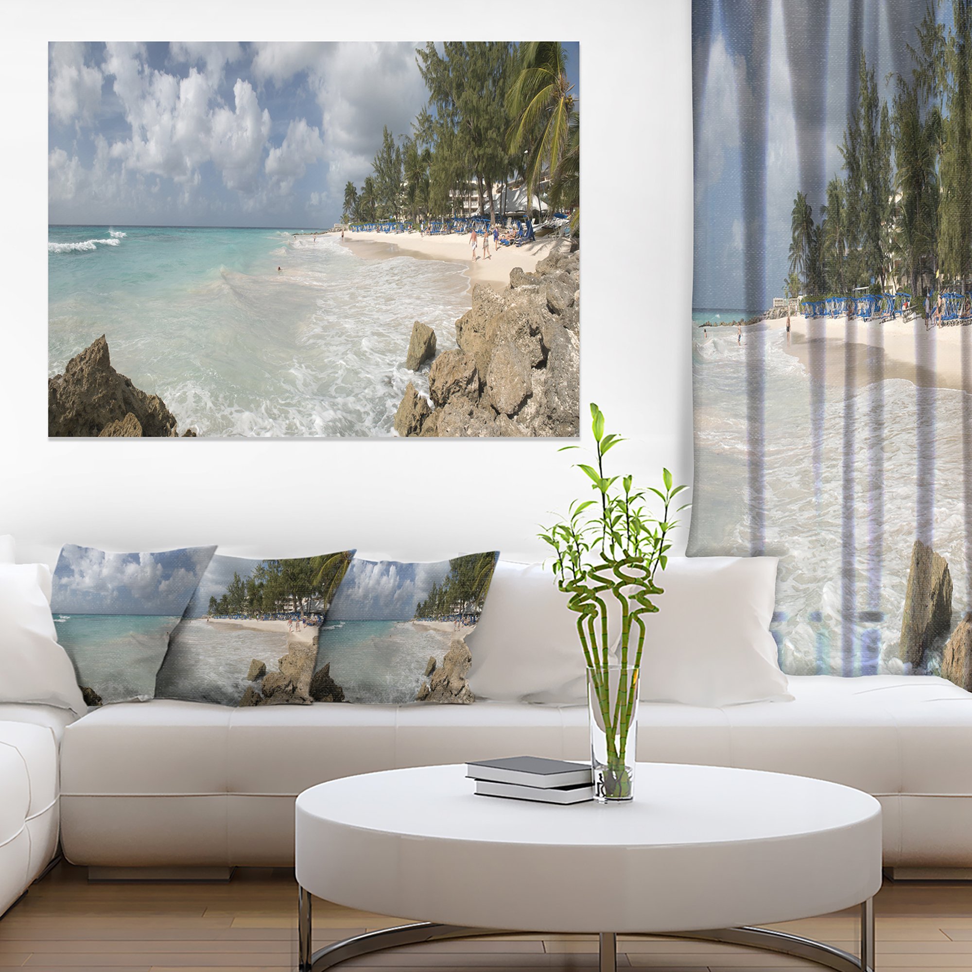 Barbados Island White Seashore Modern Seascape Canvas Art Print - Tropical Beach Wall Decor for Living Room, Bedroom & Office