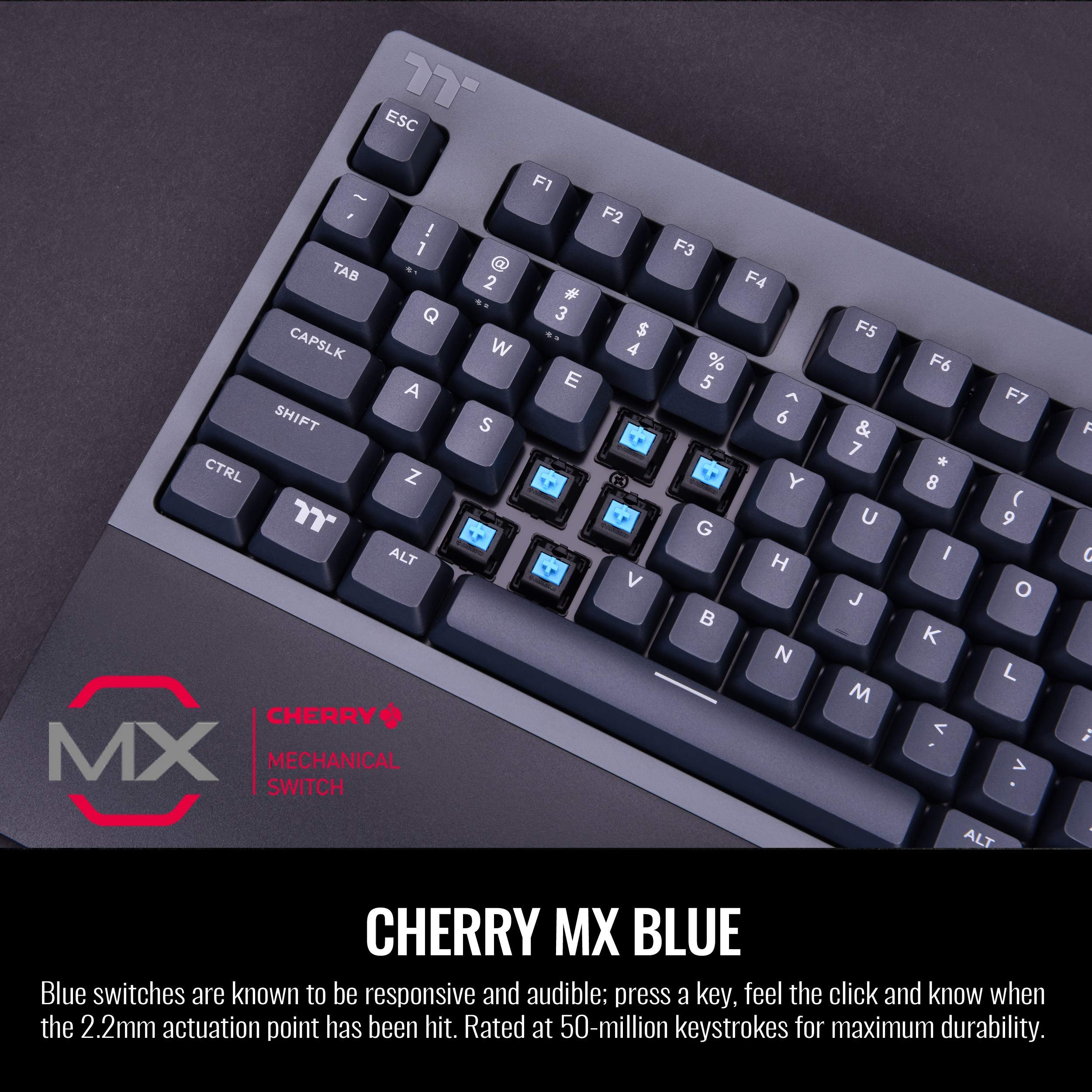 Thermaltake W1 Wireless Mechanical Gaming Keyboard - Cherry MX Blue Switches, 2.4GHz & Bluetooth 4.2 Dual Mode, Low Energy Tech, USB Type-C (Titanium Gray) - Perfect for PC Gaming, Office Work & Streaming Setup