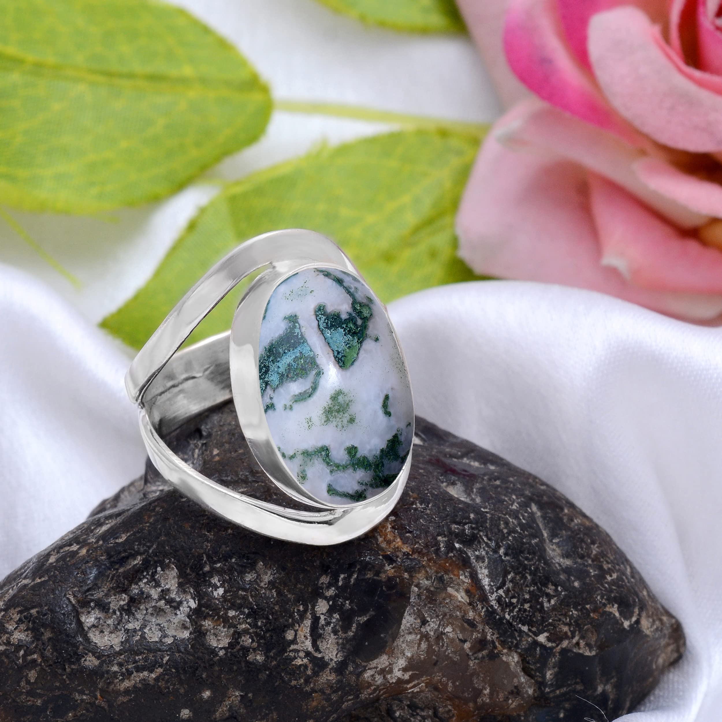 Veracity Jewelry Moss Agate Rings for Women - 925 Sterling Silver Healing Meditation Rings with Natural Green White Gemstone - VSR-160 | Spiritual Jewelry, Yoga Accessories & Gift for Her