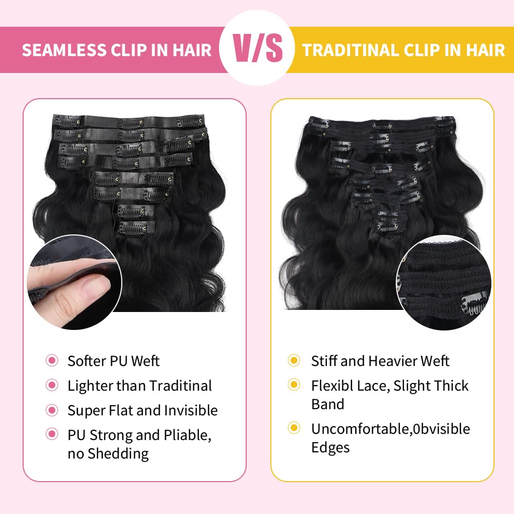 Seamless Clip-In Human Hair Extensions – 8pcs 120g Invisible PU Skin Weft Body Wave 100% Remy Human Hair for Black Women (26 Inch Natural Black) – Perfect for Daily Styling, Parties & Special Occasions