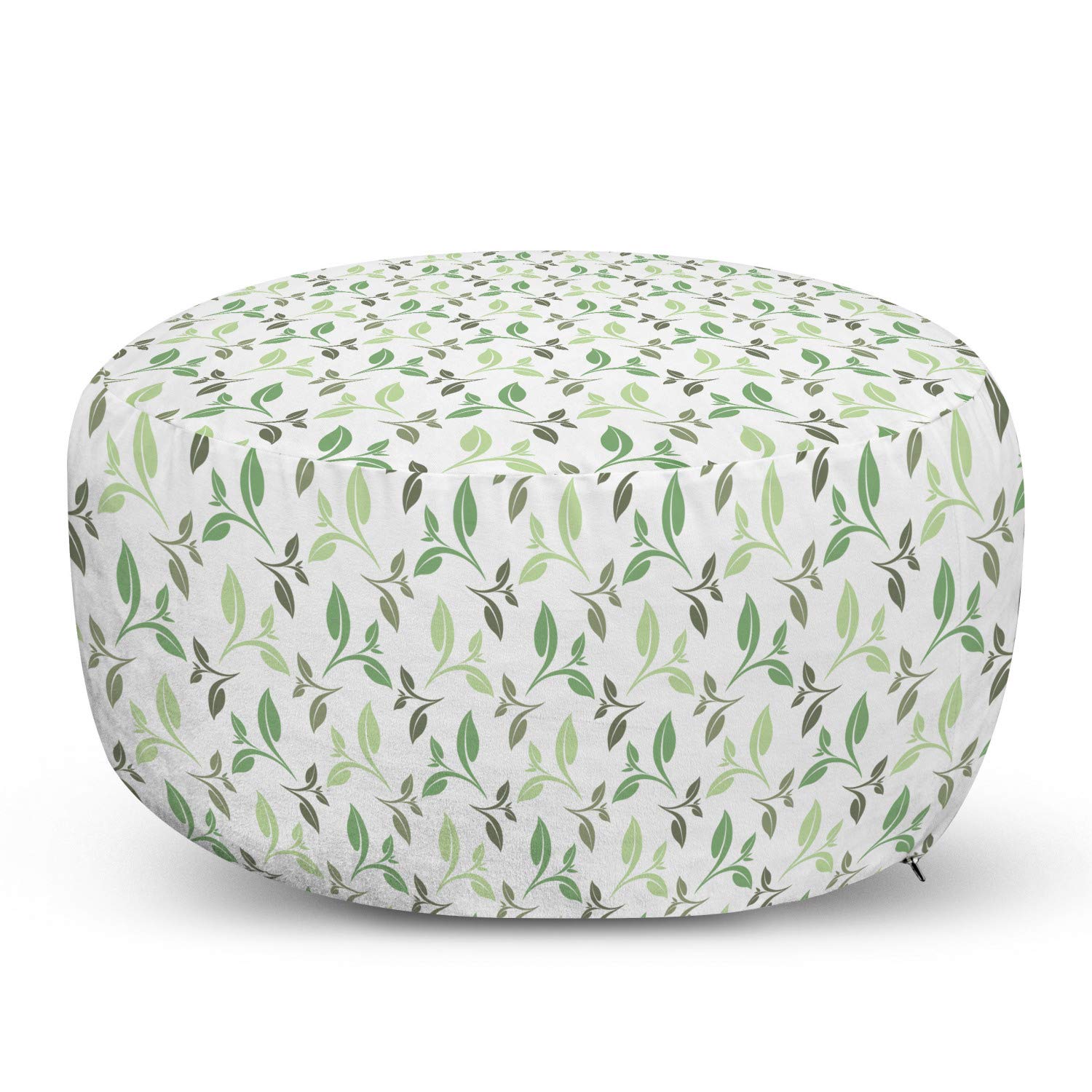 Ambesonne Vintage Leaf Ottoman Pouf with Ornamental Tea Leaves Design - Soft Faded Green Army Color Foot Rest Stool, Removable Cover for Living Room & Bedroom - Perfect for Home Decor, Relaxing Foot Support and Extra Seating