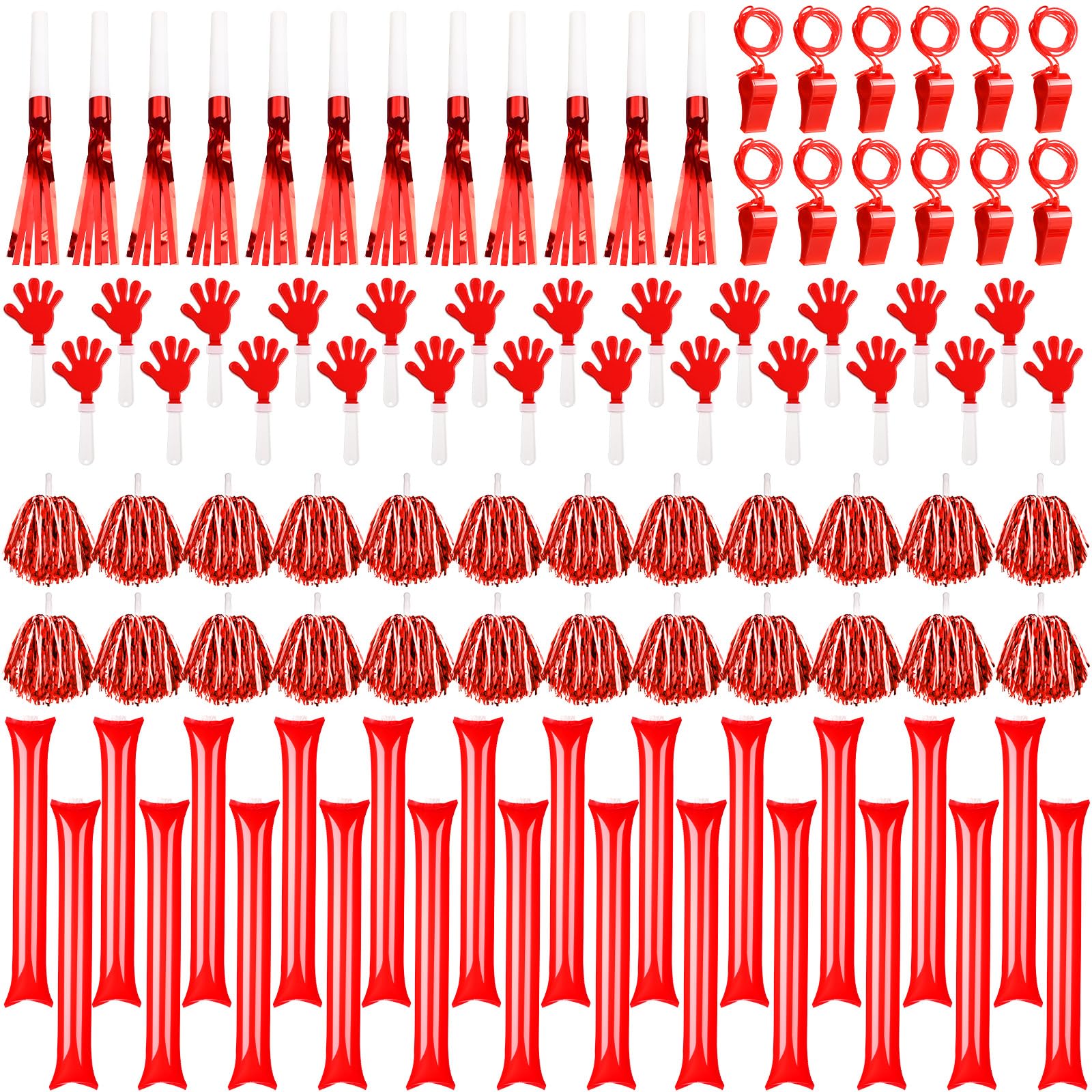 96 Pcs Noisemakers for Sports & Parties - Hand Clappers, Pom Poms, Thunder Sticks, Whistles, Horns (Red, White)