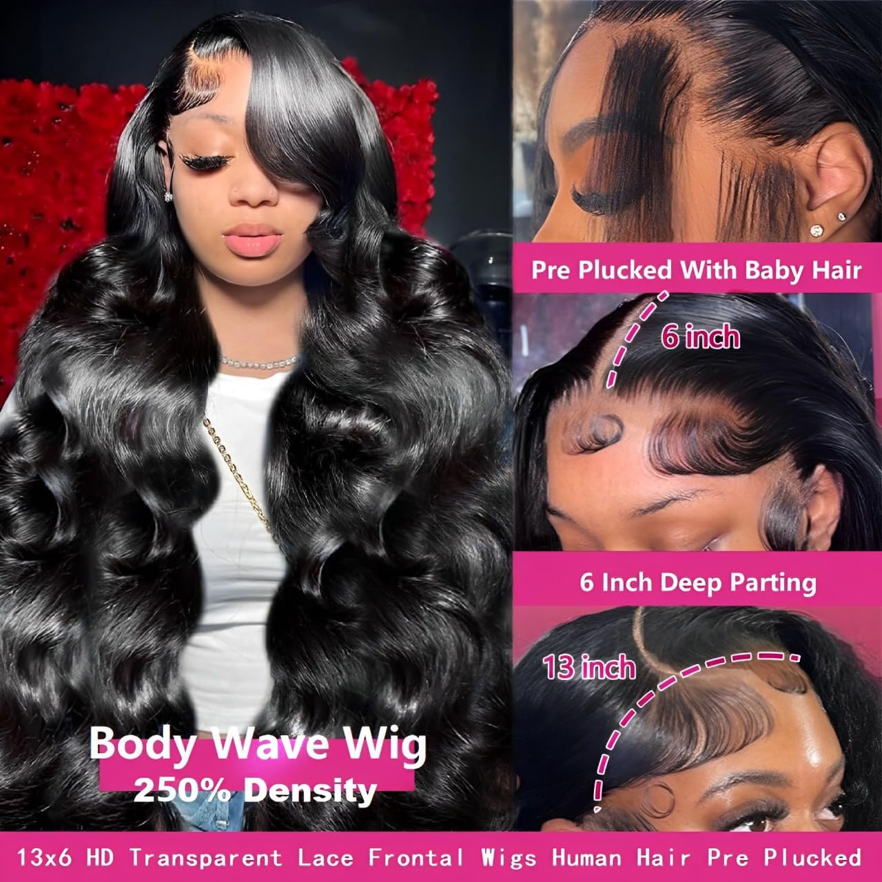 13x6 Lace Front Wigs Human Hair - 30 Inch HD Body Wave 250% Density Pre-Plucked Glueless Wig with Baby Hair #1 Jet Black for Women | Natural Look for Daily Wear, Parties & Special Occasions