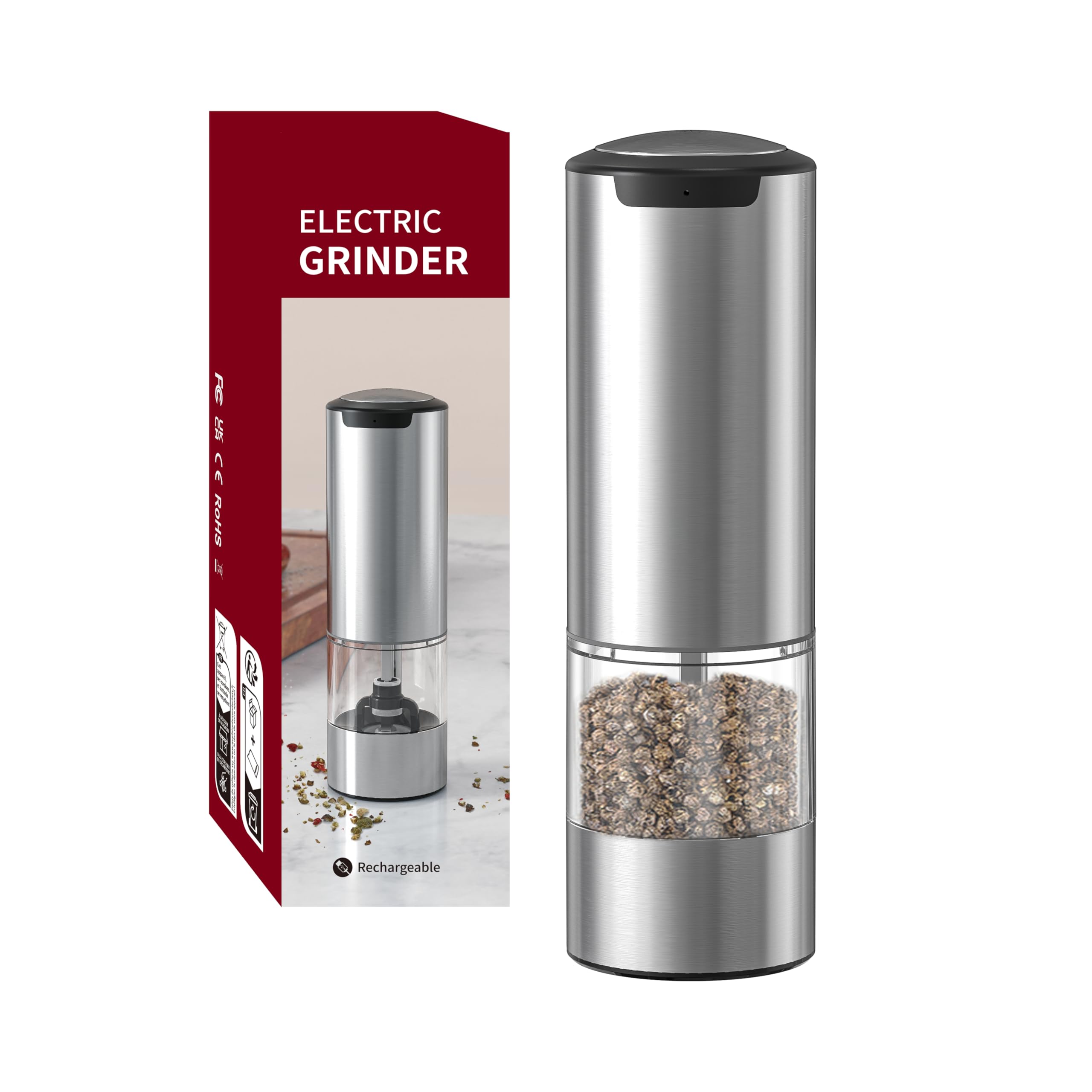 Rechargeable Electric Pepper Grinder & Salt Mill - LED Stainless Steel One-Hand Automatic Operation, Adjustable Coarseness, Refillable - Perfect for Kitchen, Dining Table & Camping Use