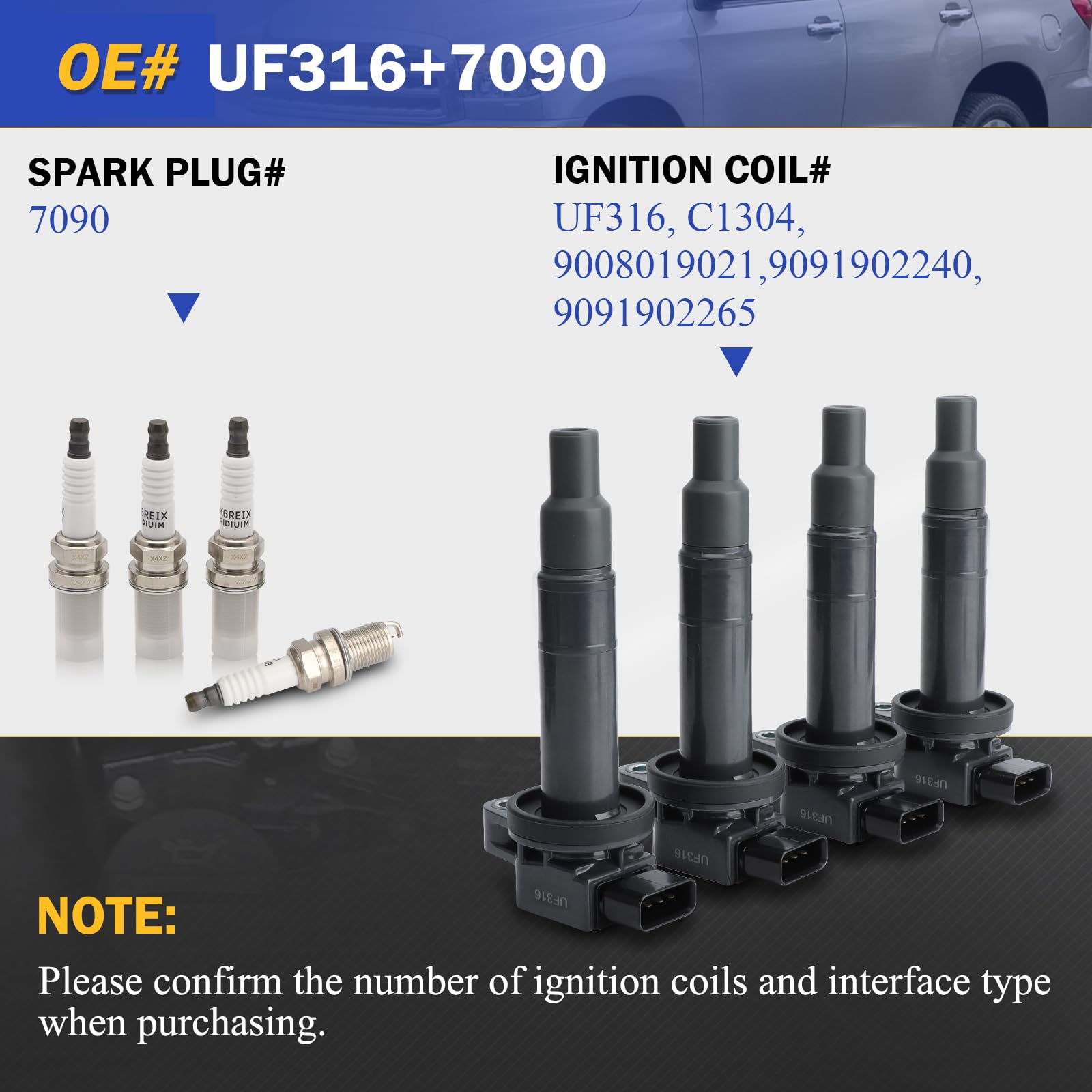 UF316 Ignition Coil Pack & 7090 Double Iridium Spark Plugs - Compatible with Toyota Prius, Prius C, Yaris, Echo, Scion xA, xB - Set of 4 - High Performance Replacement Parts for Smoother Acceleration and Better Fuel Efficiency