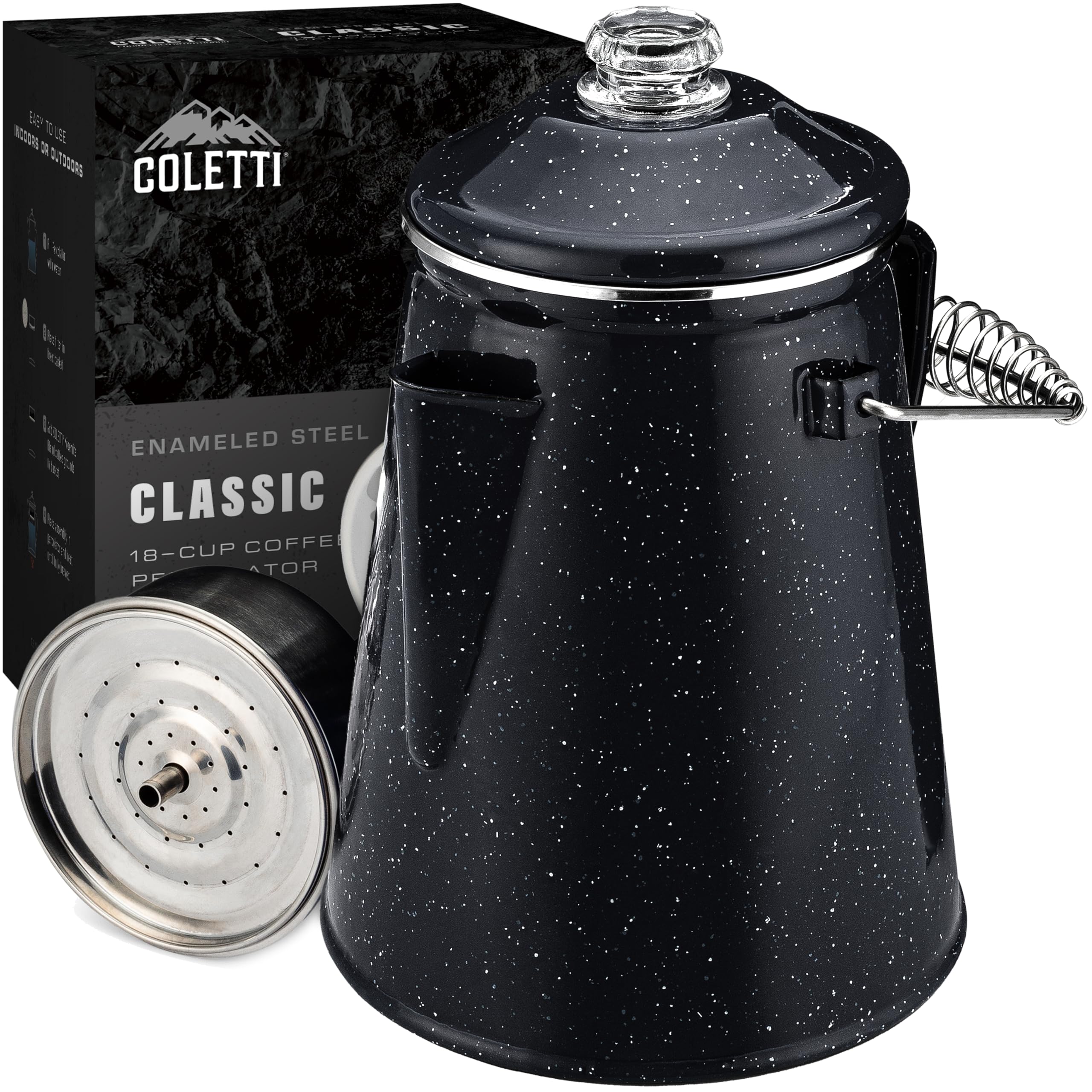 COLETTI Classic Percolator Coffee Pot - 18 Cup Cowboy Coffee Maker for Camping, Large Group Brewing | Enamel Stovetop Percolator for Outdoor Adventures, RV Trips & Backpacking [Black Enamel Finish]