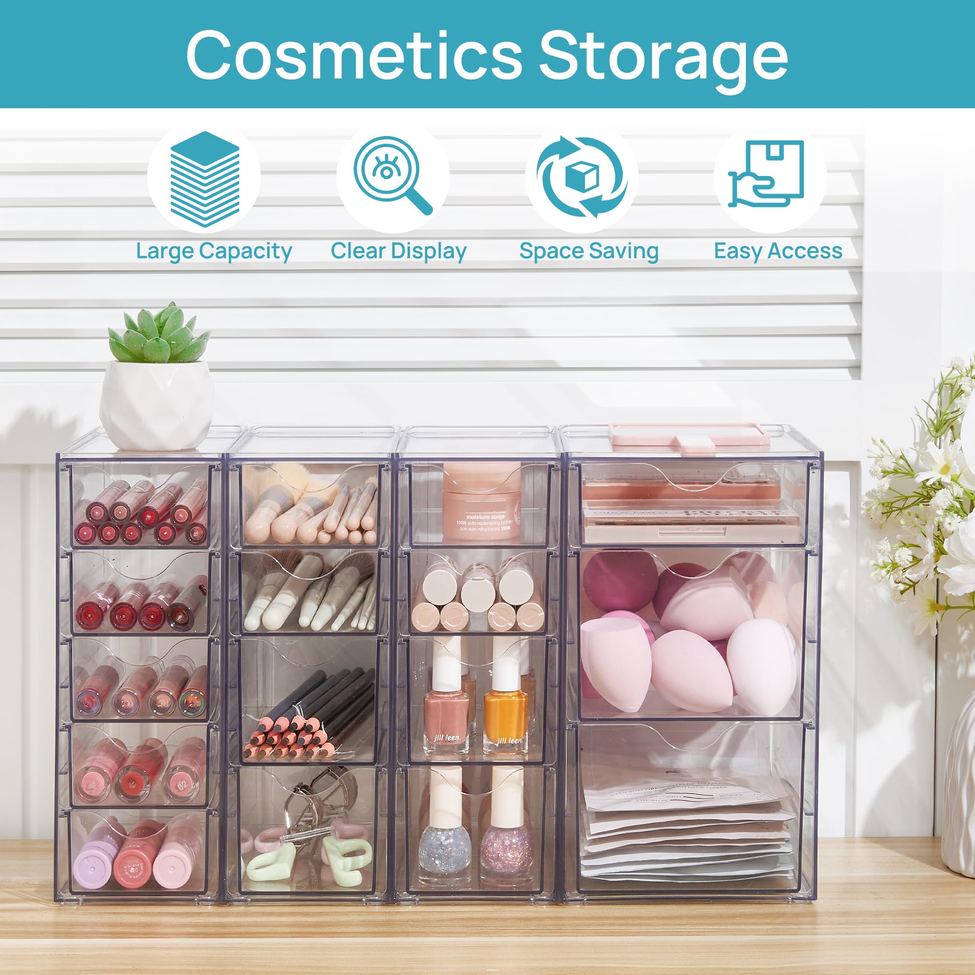 Vtopmart 16-Drawer Acrylic Organizer Set (4 Pack) - Clear Storage for Office Supplies, Makeup, Jewelry & Art Crafts | Perfect for Desk Organization, Home & Office Use