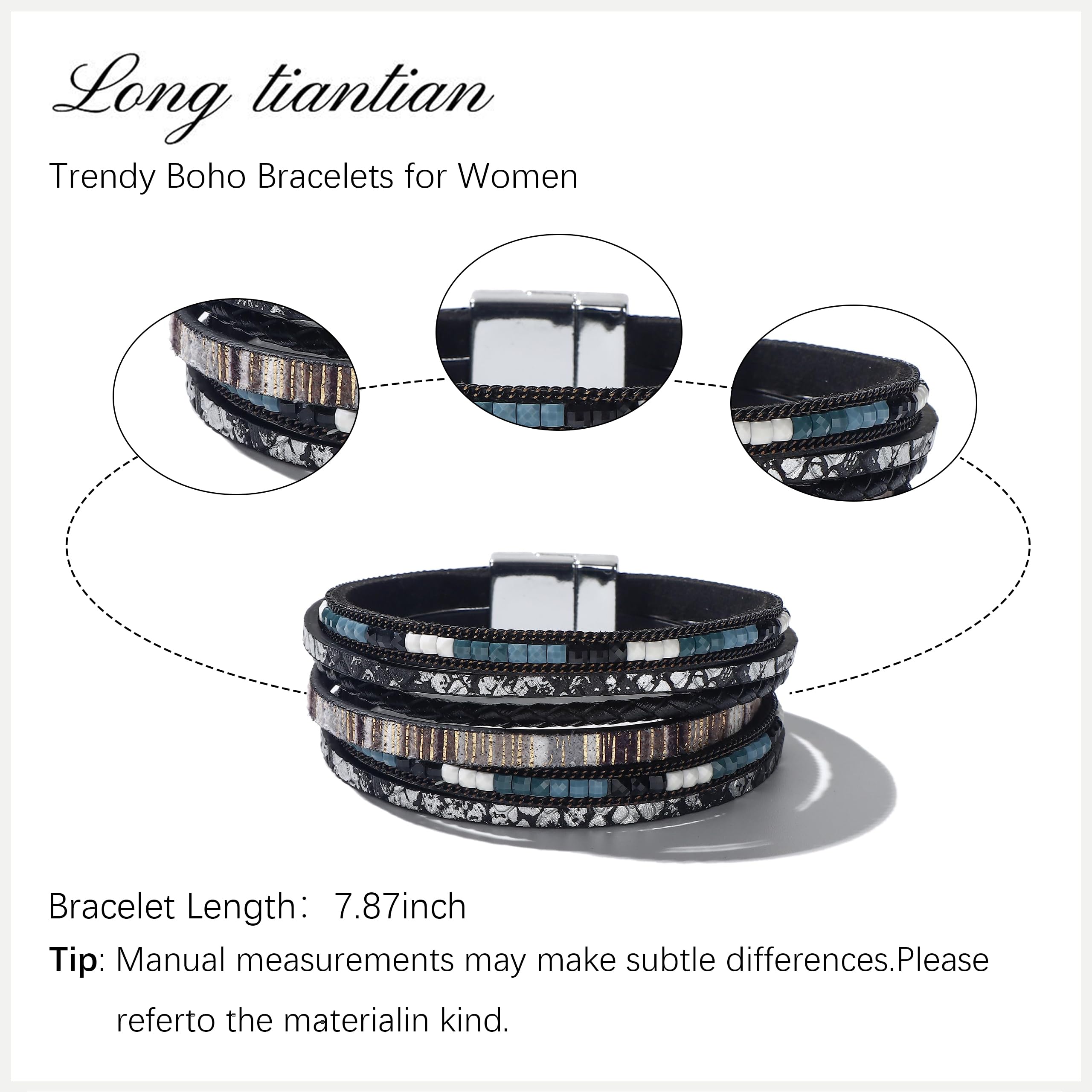 Trendy Blue Leather Wrap Bracelet for Women - Stackable Multi-Layer Western Cuff Bracelet | Perfect for Boho Fashion, Layered Jewelry Looks & Everyday Accessories