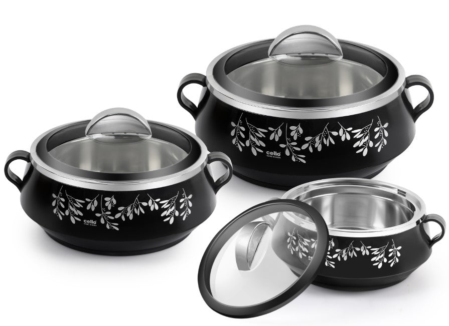 Premium Cello Glitter Insulated Hotpot Set - 3-Piece Thermoware Casserole (500ml, 1000ml, 1500ml) for Soup, Stew & Meal Prep - Perfect for Home Cooking, Parties & Gifts