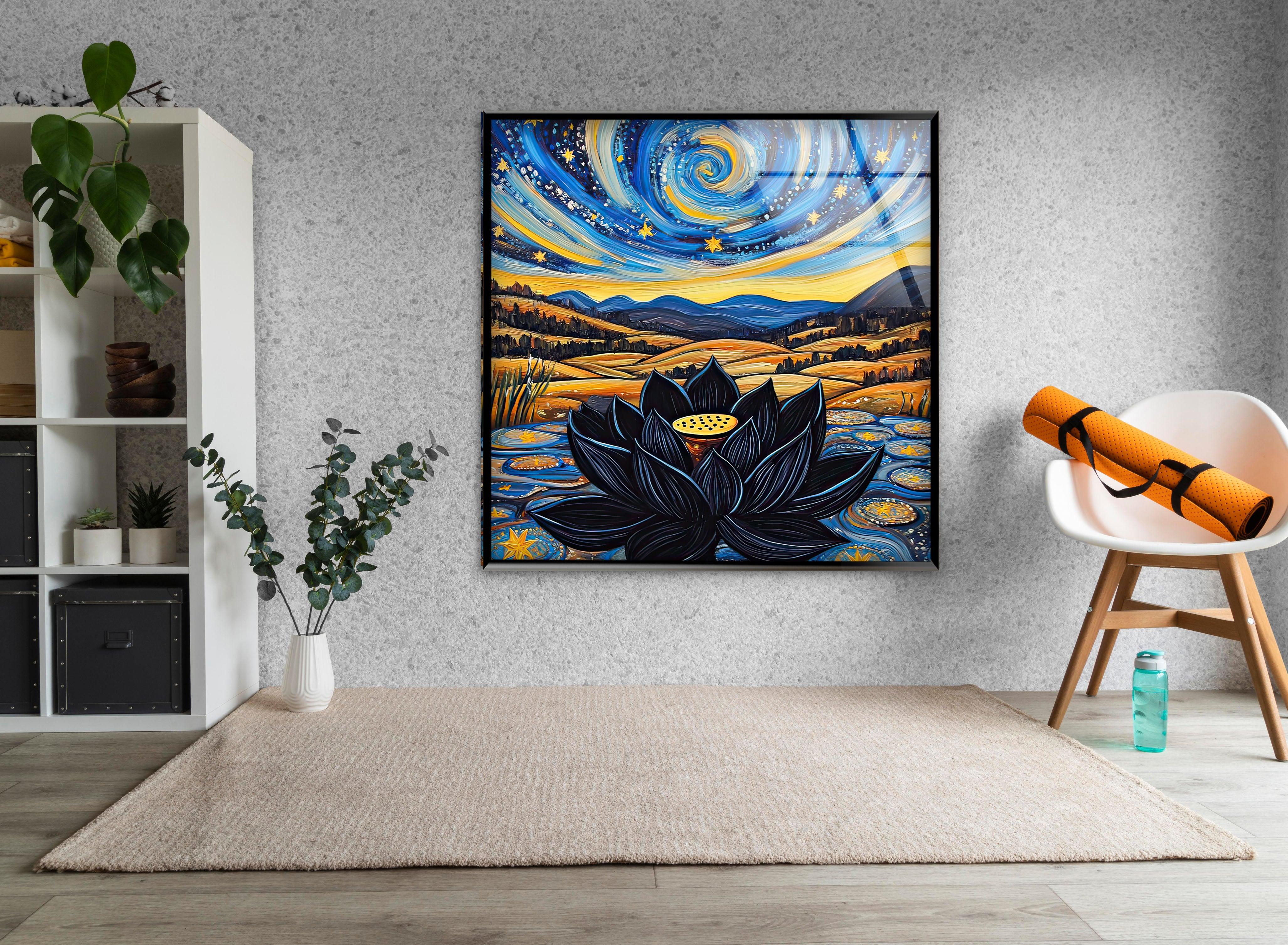 Black Lotus Glass Wall Art - Elegant Handmade Stained Glass Decor for Home & Office - Perfect for Living Room, Bedroom, and Meditation Spaces