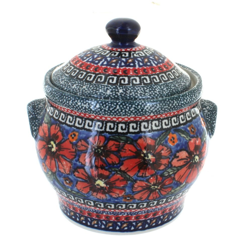 Blue Rose Polish Pottery Jungle Flower Medium Canister - Handmade Ceramic Kitchen Storage Jar for Sugar, Coffee, Tea - Perfect for Farmhouse, Rustic, or Boho Home Decor