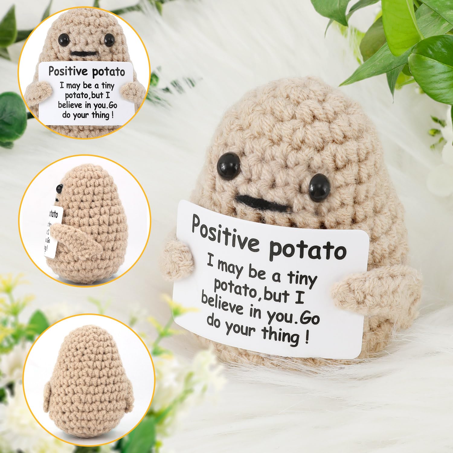 Mini Funny Positive Knitted Potato with Inspirational Cards - Cute Crochet Potato Ornaments for Encouragement, Motivational Gifts for Birthday, Office Desk Decor, Teacher Appreciation, Stress Relief & Positive Vibes