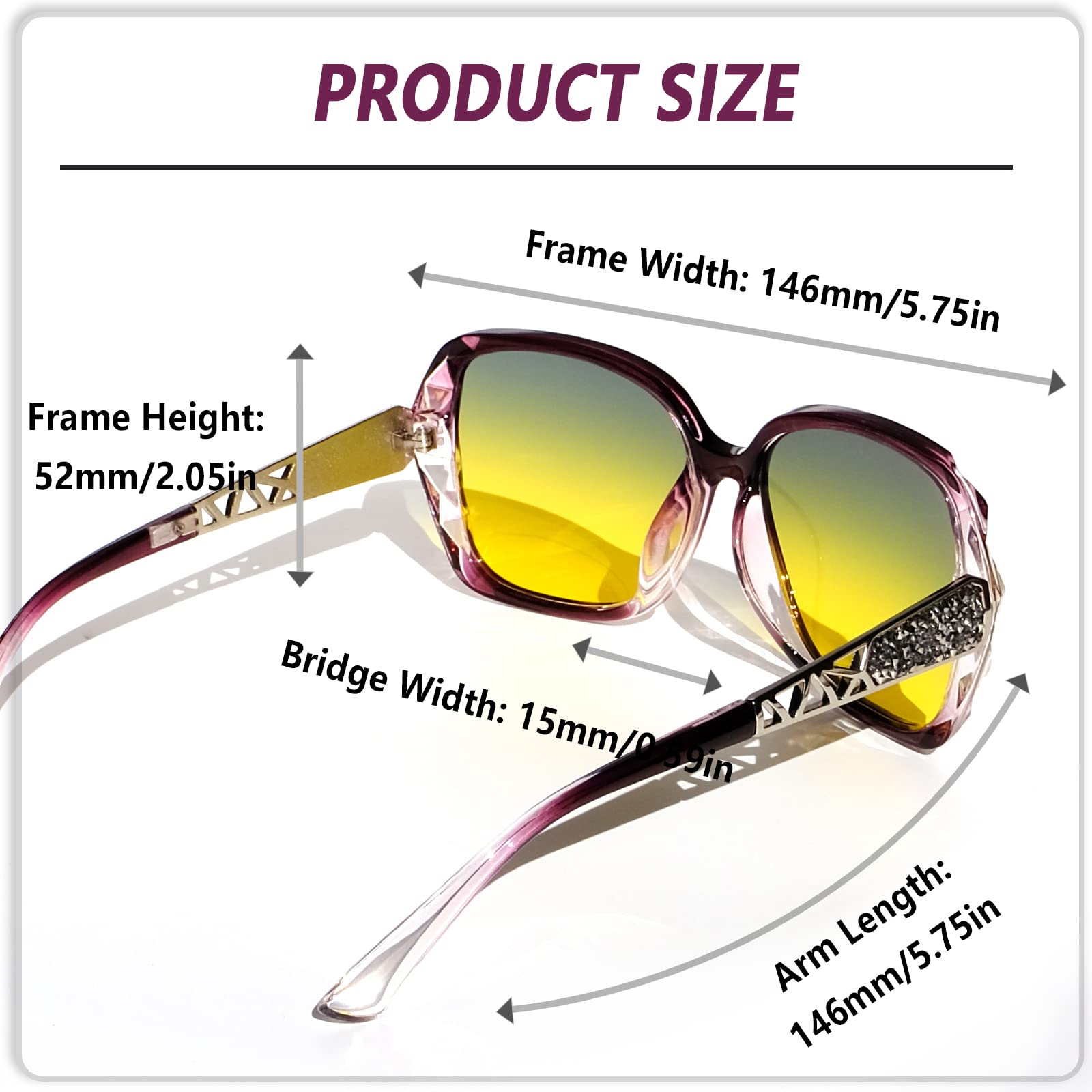 Sehnsucht Polarized Night Driving Glasses for Women - Anti Glare Oversized Sunglasses with Night Vision, Stylish Day & Night Use for Safe Commuting & Road Trips