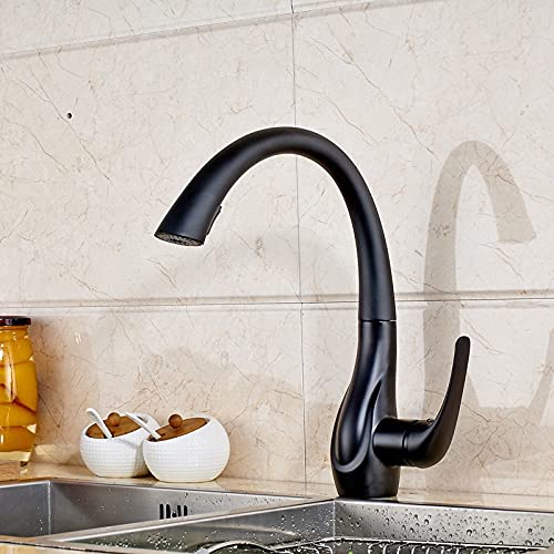 Black Brass Swan Neck Pull Out Kitchen Faucet with Button Switch & 360° Rotation - Modern White Sink Mixer Tap for Easy Cleaning and Dishwashing in Home Kitchens
