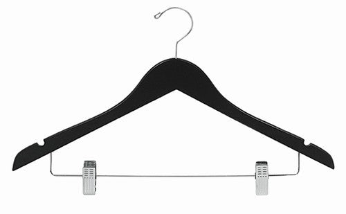 Premium Black Wooden Suit Hanger with Non-Slip Clips - Heavy Duty Clothes Hanger for Jackets, Coats & Pants - Perfect for Closet Organization & Travel Packing