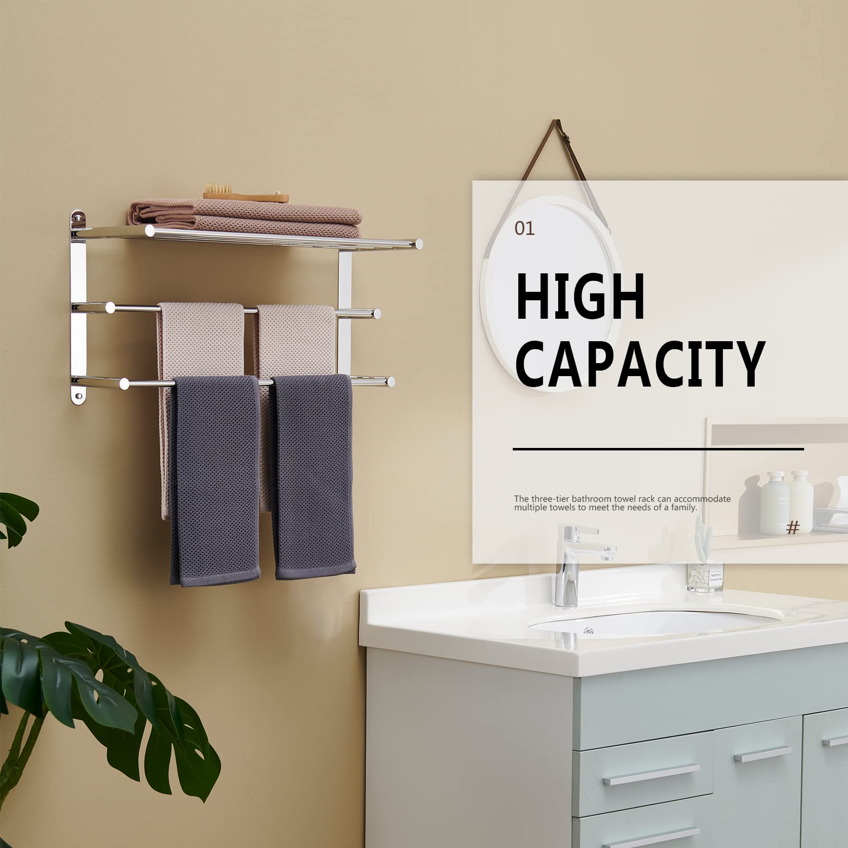 KOKOSIRI Double Towel Rack with Shelf - Wall Mounted Bathroom Storage Organizer, Polished Chrome (B5003CH) - Perfect for Small Bathrooms & Space-Saving Organization