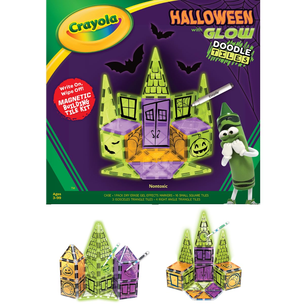 CreateOn Crayola Halloween Glow Doodle Magnetic Tiles Building Set - 25-Piece STEM Educational Toys for Boys & Girls Ages 3+ | Creative Construction Play, Classroom Activities & Holiday Gift for Kids