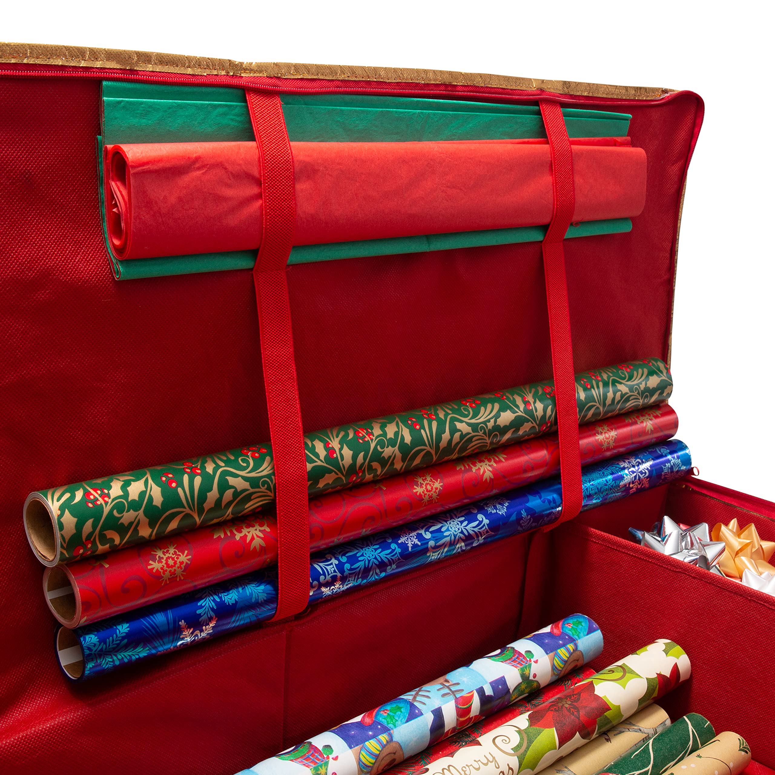 Simplify Holiday Gift Wrap Storage Tote with Compartments for Ribbons & Bows | Zipper Closure & Carry Handle | Christmas Organization Solution | Perfect for Wrapping Paper Storage, Holiday Decor Organization & Gift Wrapping Station (Red)