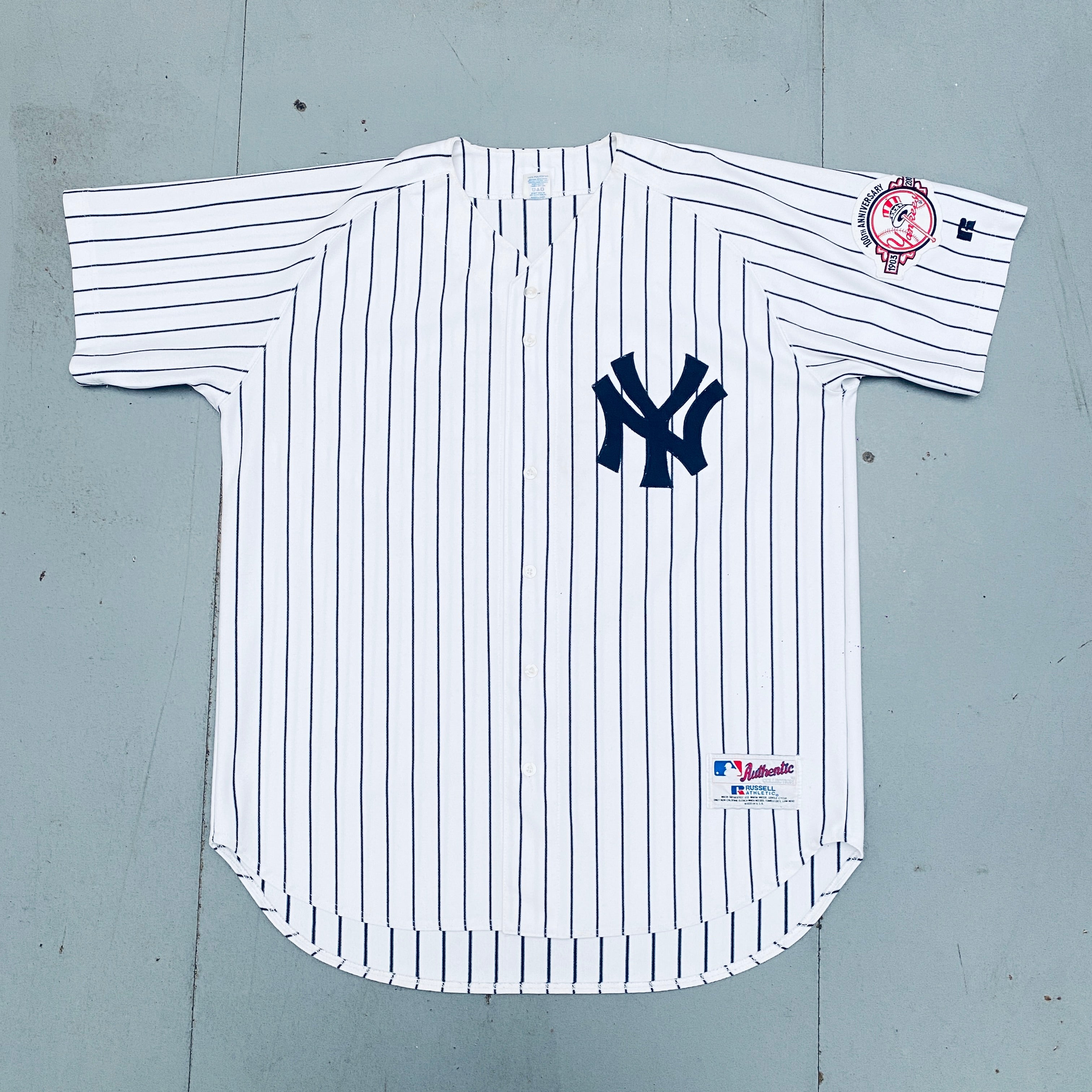 Authentic New York Yankees Jason Giambi 2003 White Pinstripe Russell Athletic Stitched Jersey with 100th Anniversary Patch - Size L/XL - Vintage MLB Baseball Fan Gear for Games & Collectors