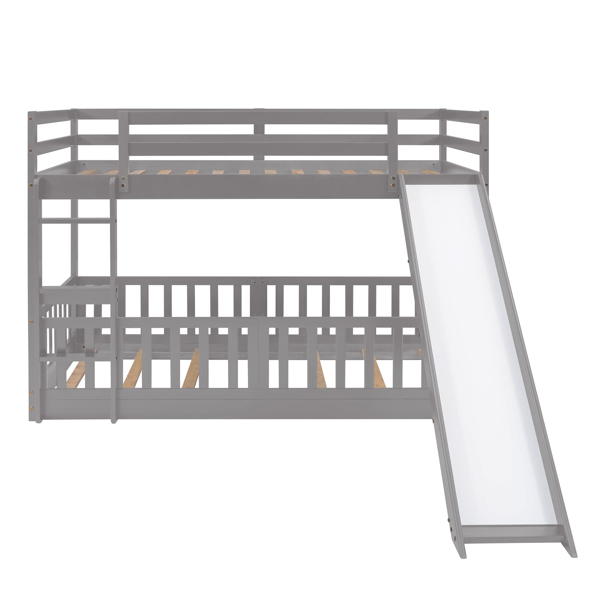 Kids Bunk Beds with Slide - Toddler Floor Bed with Safety Fence - Twin Over Twin Low Bunk Bed for Boys & Girls - Sturdy Wood Bed Frame in Gray - Perfect for Small Bedrooms & Playrooms