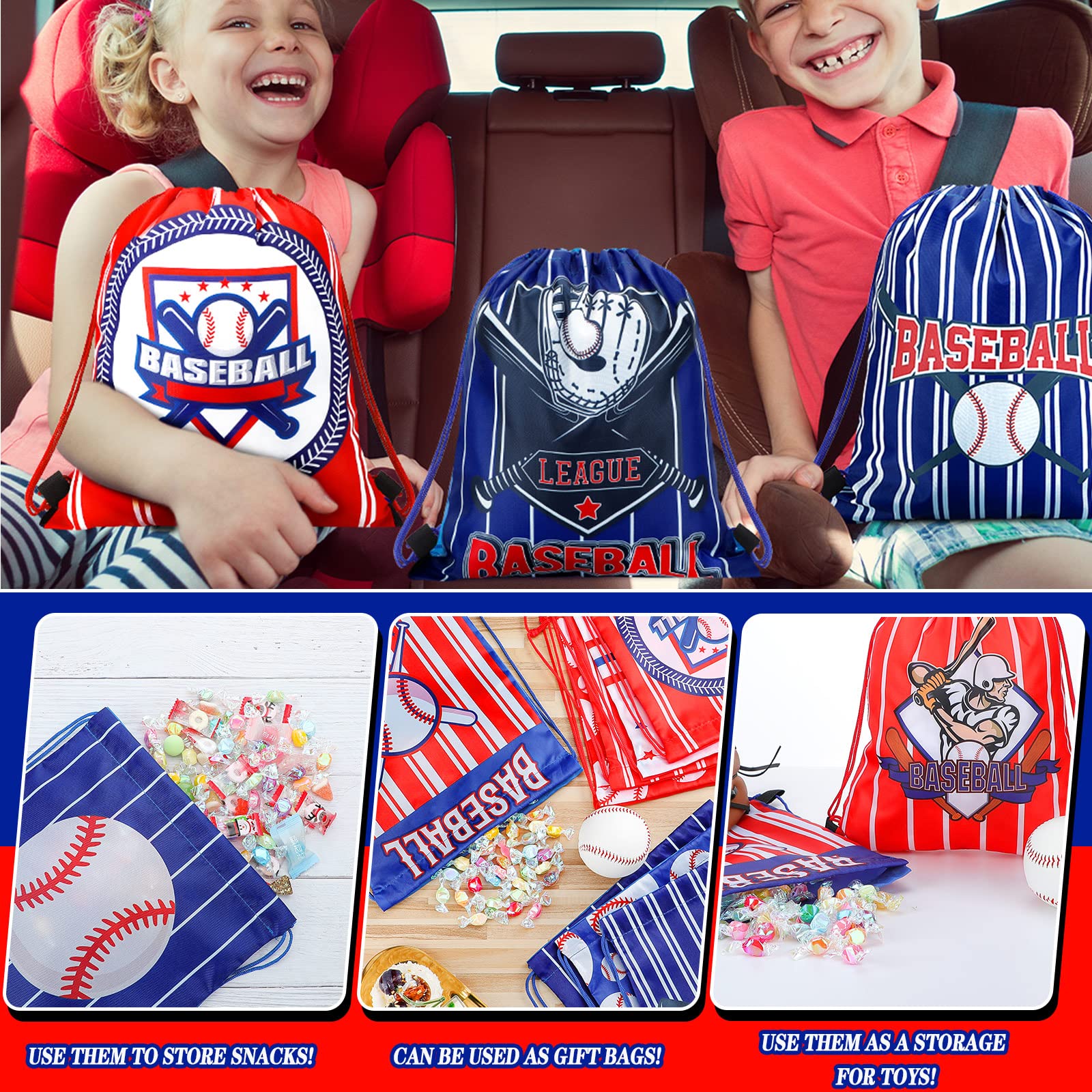 12 Pack Tondiamo Soccer Baseball Party Favor Bags - Drawstring Goodie Bags for Kids Birthday Parties, Sports Themed Events & Candy Treat Supplies - Perfect for Team Snacks, Game Day Favors & Birthday Giveaways