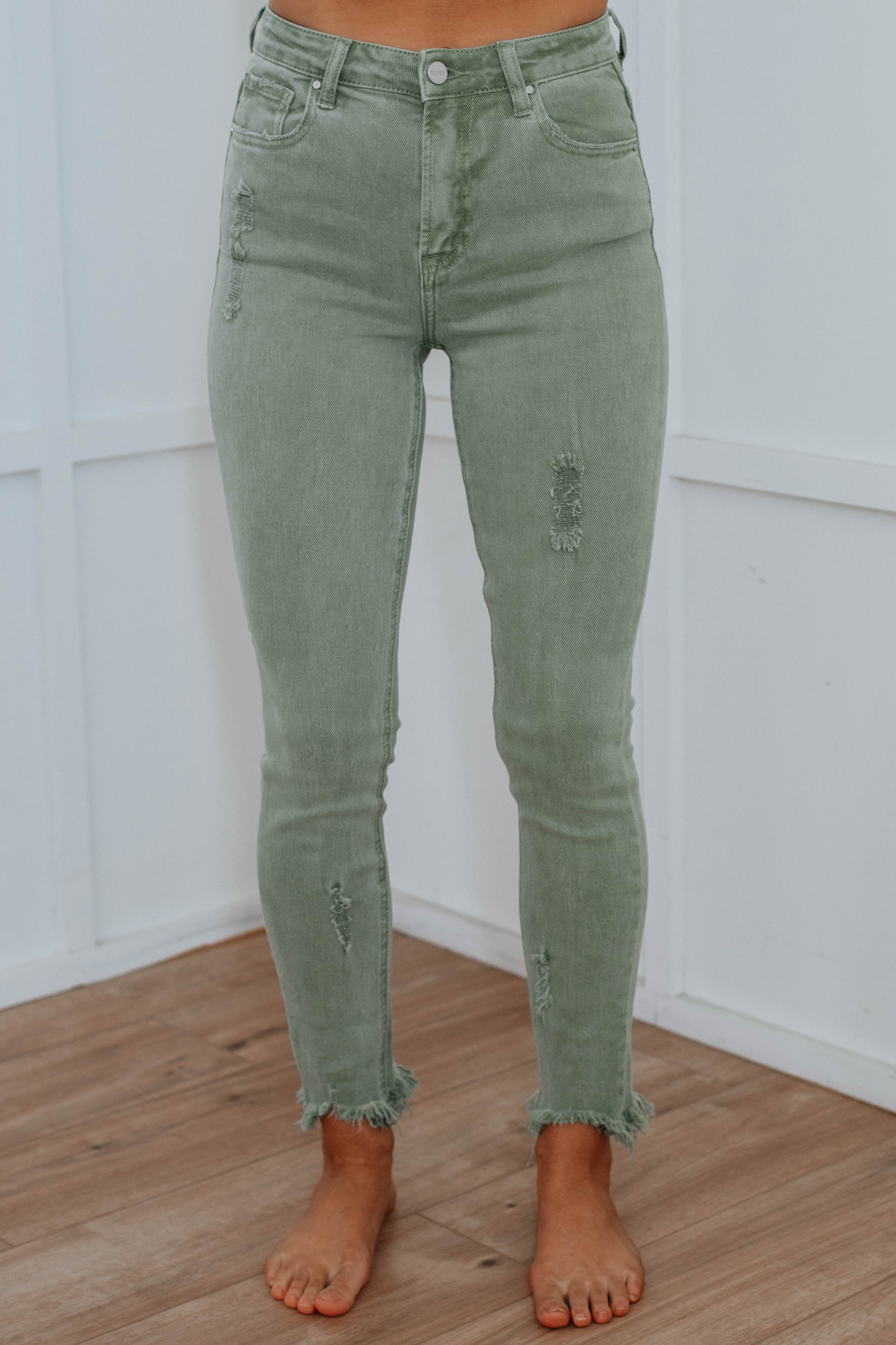 Daisie Risen Women's High Waist Olive Green Stretch Jeans - Comfortable Slim Fit Denim Pants for Casual Wear & Everyday Outfits