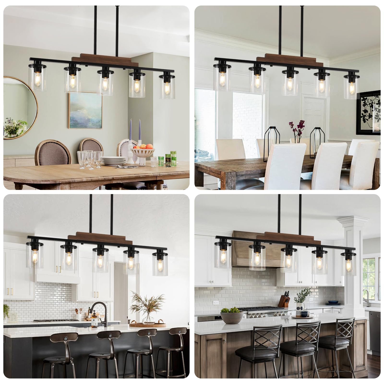 Modern Farmhouse 5-Light Linear Chandelier - Adjustable Height Kitchen Island Lighting with Clear Glass Shades, Rustic Wood Dining Room Light Fixture for Farmhouse, Industrial & Contemporary Decor (Perfect Over Dining Tables, Kitchen Islands & Open Concept Spaces)
