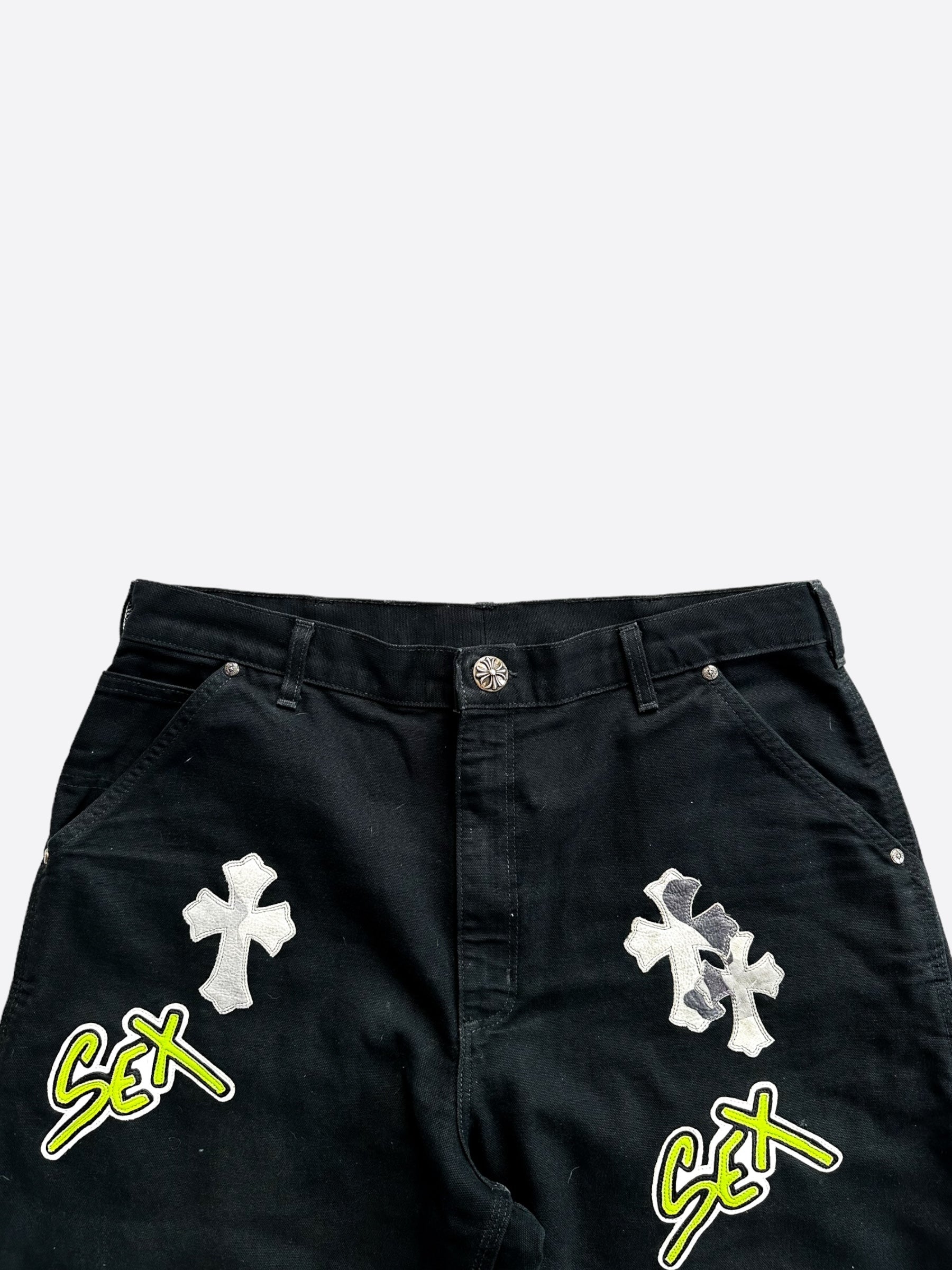 Chrome Hearts x Carhartt Black Camo Cross Patch Carpenter Work Pants - Durable Utility Pants for Construction, Workwear & Streetwear Fashion