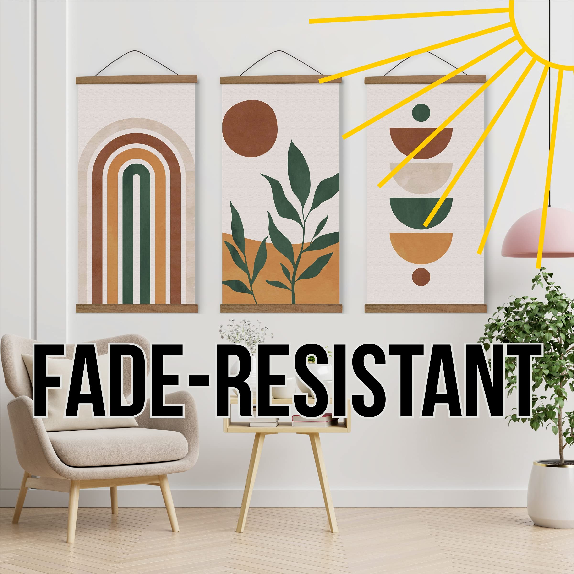Boho Wall Art Set of 3 - Framed Botanical Prints & Rainbow Posters (18x36) for Bedroom Above Bed & Living Room Decor - Orange Bohemian Wall Decor for Home & Office