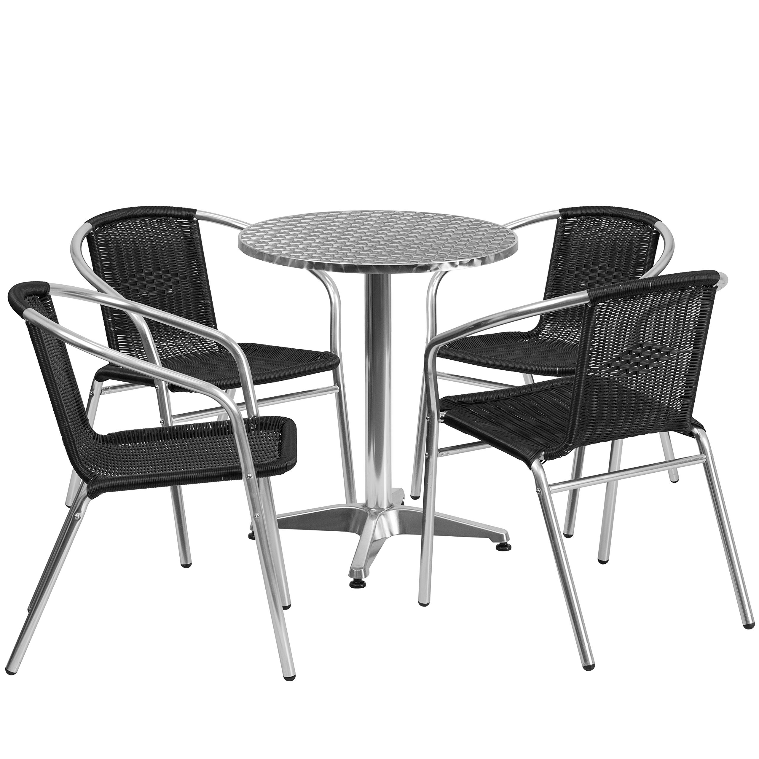 Flash Furniture Lila 23.5'' Round Aluminum Patio Dining Table Set with 4 Black Wicker Chairs - Perfect for Outdoor Entertaining, Backyard BBQs & Poolside Relaxation
