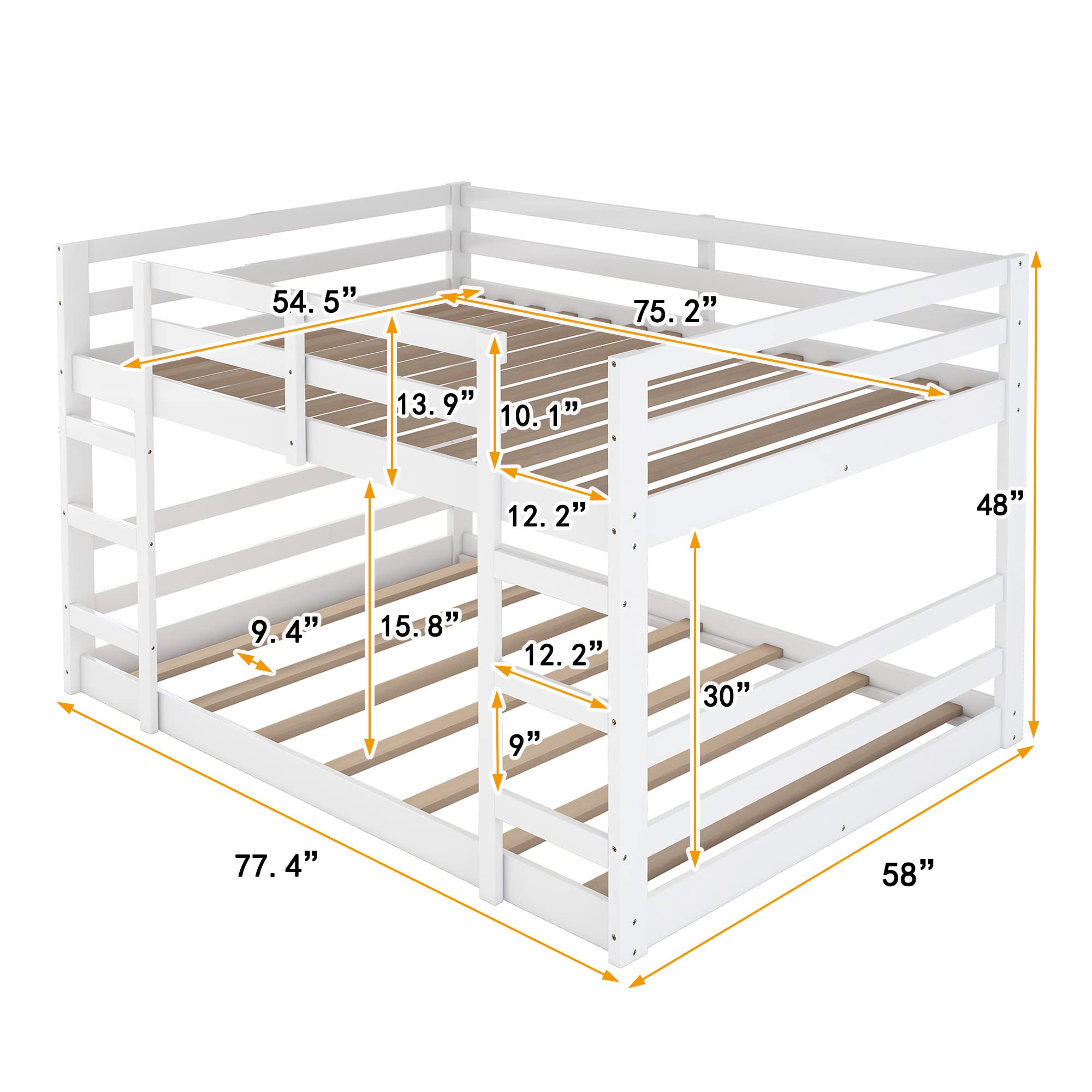 **CITYLIGHT Low Bunk Beds Full Over Full - Sturdy Wooden Bunk Bed for Kids & Teens, Twin Bunk Beds with 2 Ladders for Boys & Girls Bedroom, Dorm or Guest Room (White, Full Size) - Perfect for Space-Saving Kids' Rooms, Shared Bedrooms & Small Apartments**