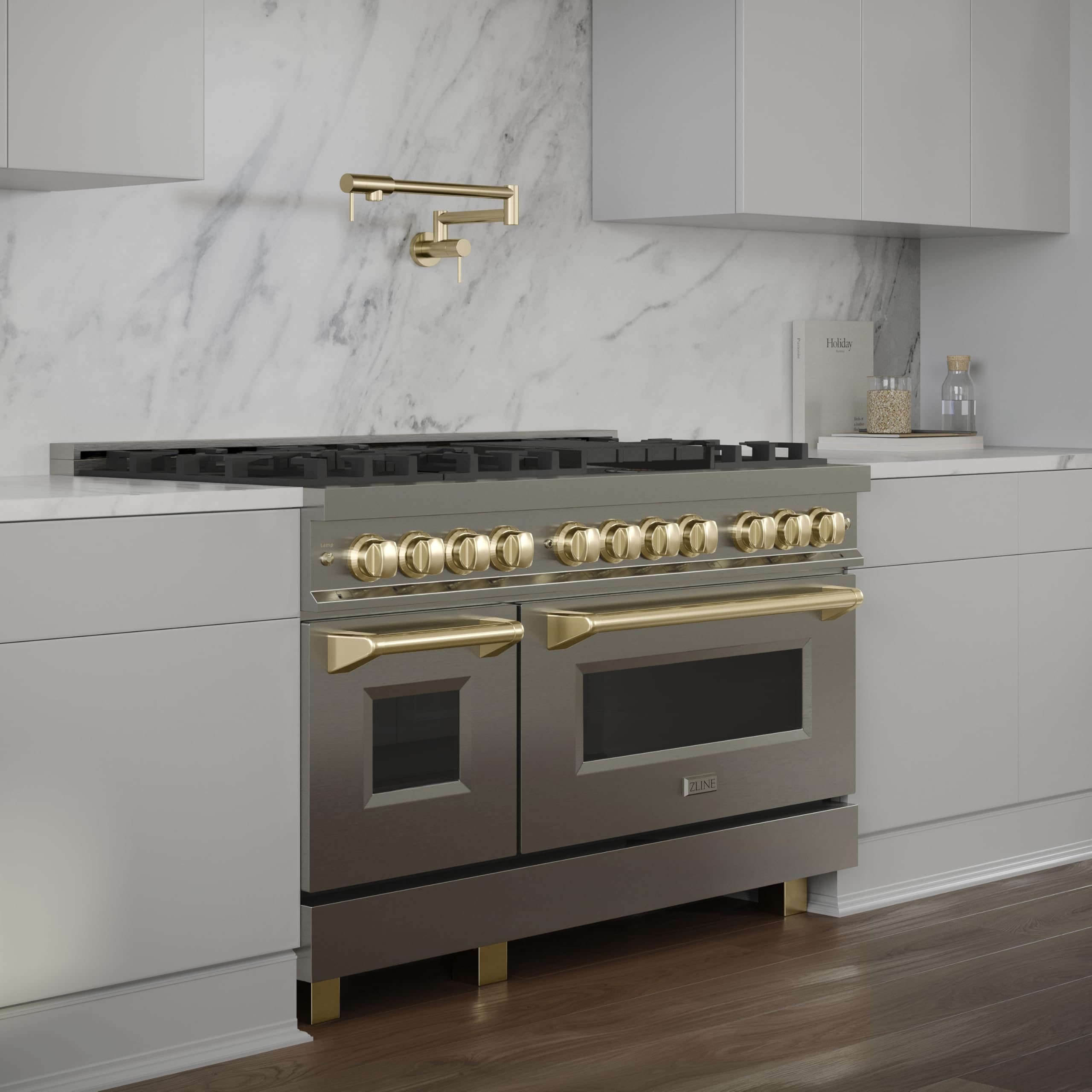 ZLINE Autograph Edition Gemini Pot Filler in Polished Gold - Professional Kitchen Faucet for Stove & Cooktop - Perfect for Modern & Luxury Home Kitchens (GEM-FPF-PG)