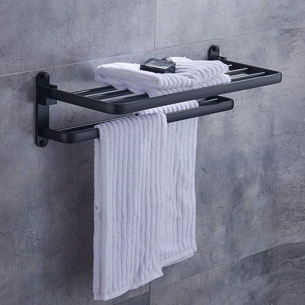 Sturdy Aluminum Alloy Double Layer Foldable Towel Rack - Black Bathroom & Kitchen Shelf for Hand Towels, Robes & Storage | Space-Saving Wall Mount Design for Small Spaces