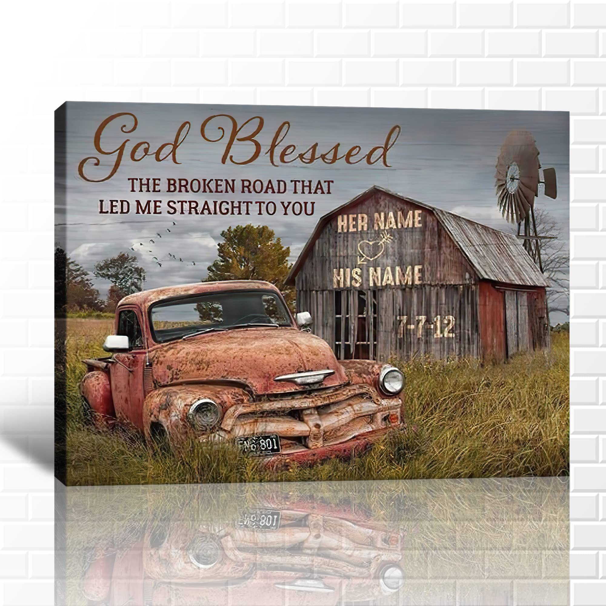 Farmhouse Truck Wall Art - Rustic Vintage Canvas Print 28x40 Inches - Personalized Valentine's Day & Anniversary Gift for Couples - Perfect for Living Room, Bedroom, or Office Decor