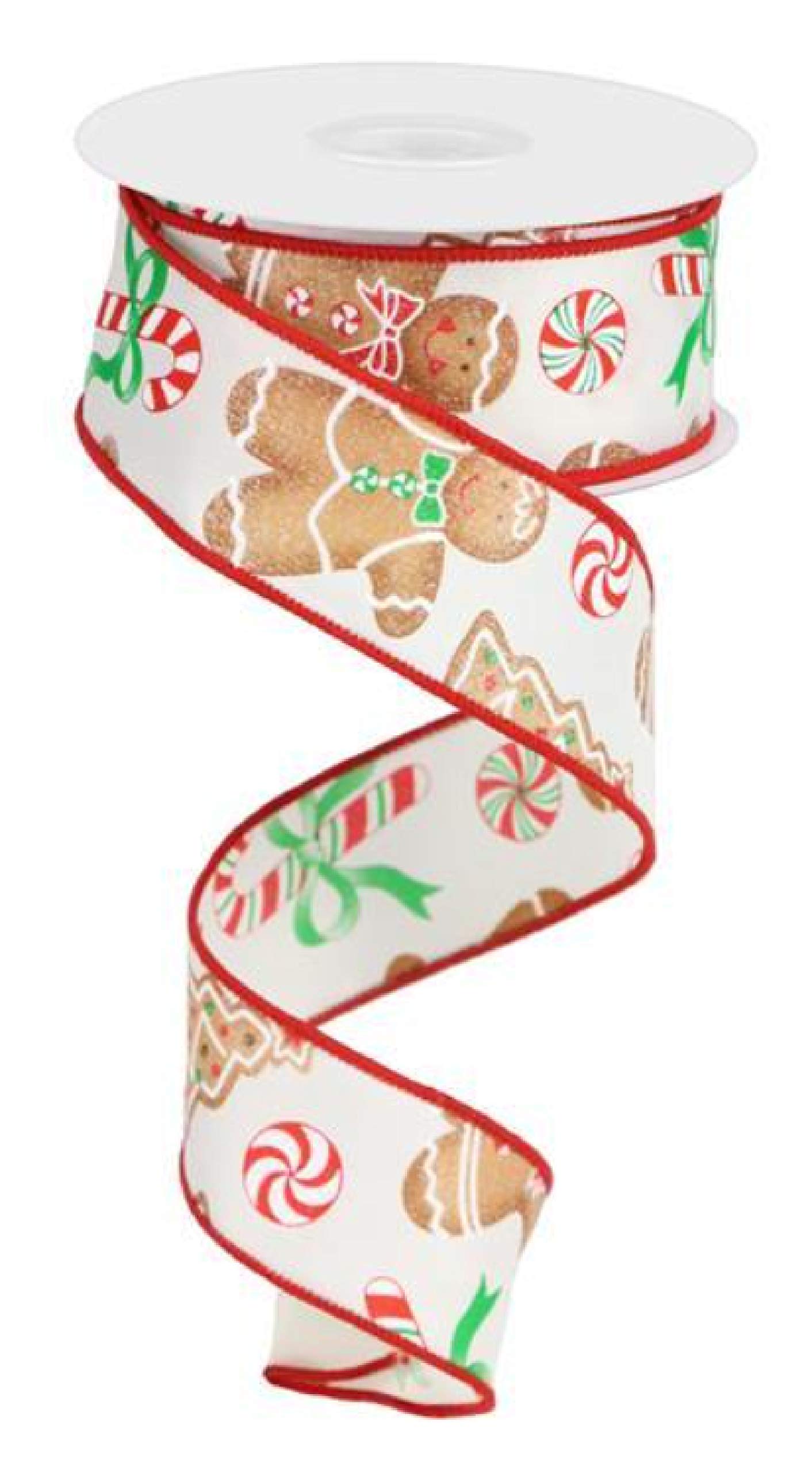 Gingerbread with Candy Wired Edge Ribbon - 10 Yards Ivory 1.5 Inch Christmas Decoration Ribbon for Gift Wrapping, Tree Trimming & Holiday Crafts