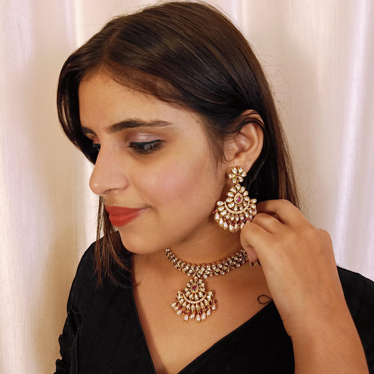 Exquisite Gold Plated Royal Kundan & Ruby Necklace Set with Matching Earrings (D442) – Perfect for Weddings, Parties & Special Occasions