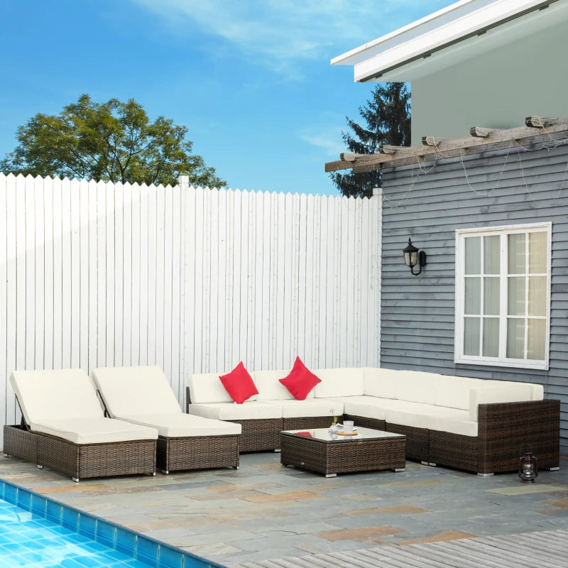 Outsunny 9-Piece Wicker Patio Furniture Set with Cushions, Cream White - Outdoor Dining & Lounge Set for Garden, Poolside, and Backyard Relaxation