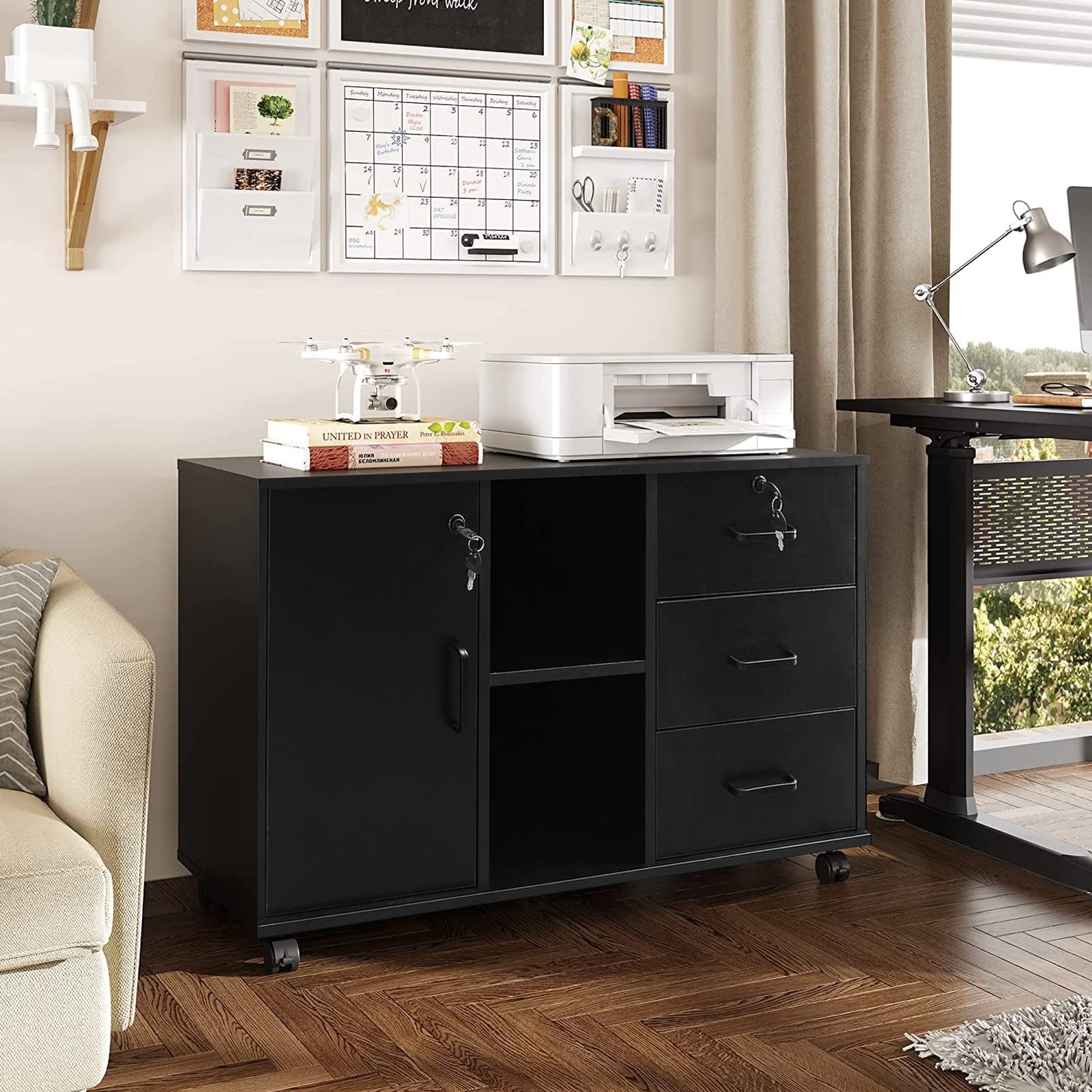 TUKAILAi 3-Drawer Mobile File Cabinet with Door & Open Shelf - Lateral Printer Stand, Rolling Office Storage with 4 Wheels, Wooden Stationery Organizer for Home Office (Black) - Perfect for Small Spaces & Document Organization