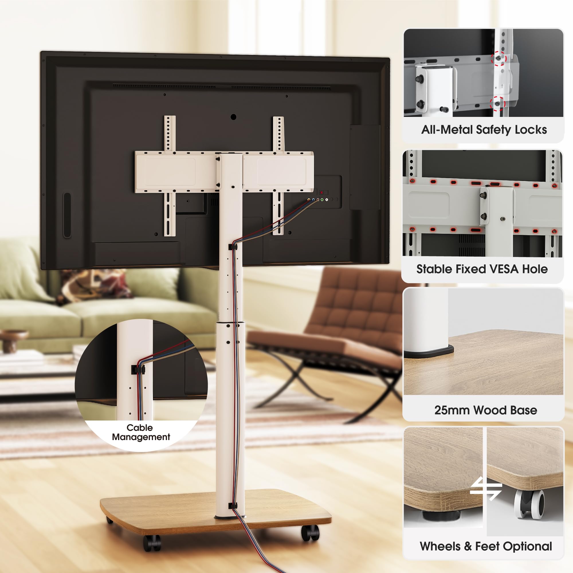 Portable Rolling TV Stand with Wheels for 43-75 Inch TVs - 10-Level Height Adjustable, 12° Tilt & 50° Swivel - Heavy Duty Mobile TV Floor Stand with Castors Holds up to 110 lbs (White) - Perfect for Living Rooms, Bedrooms, Outdoor Patios & Commercial Spaces