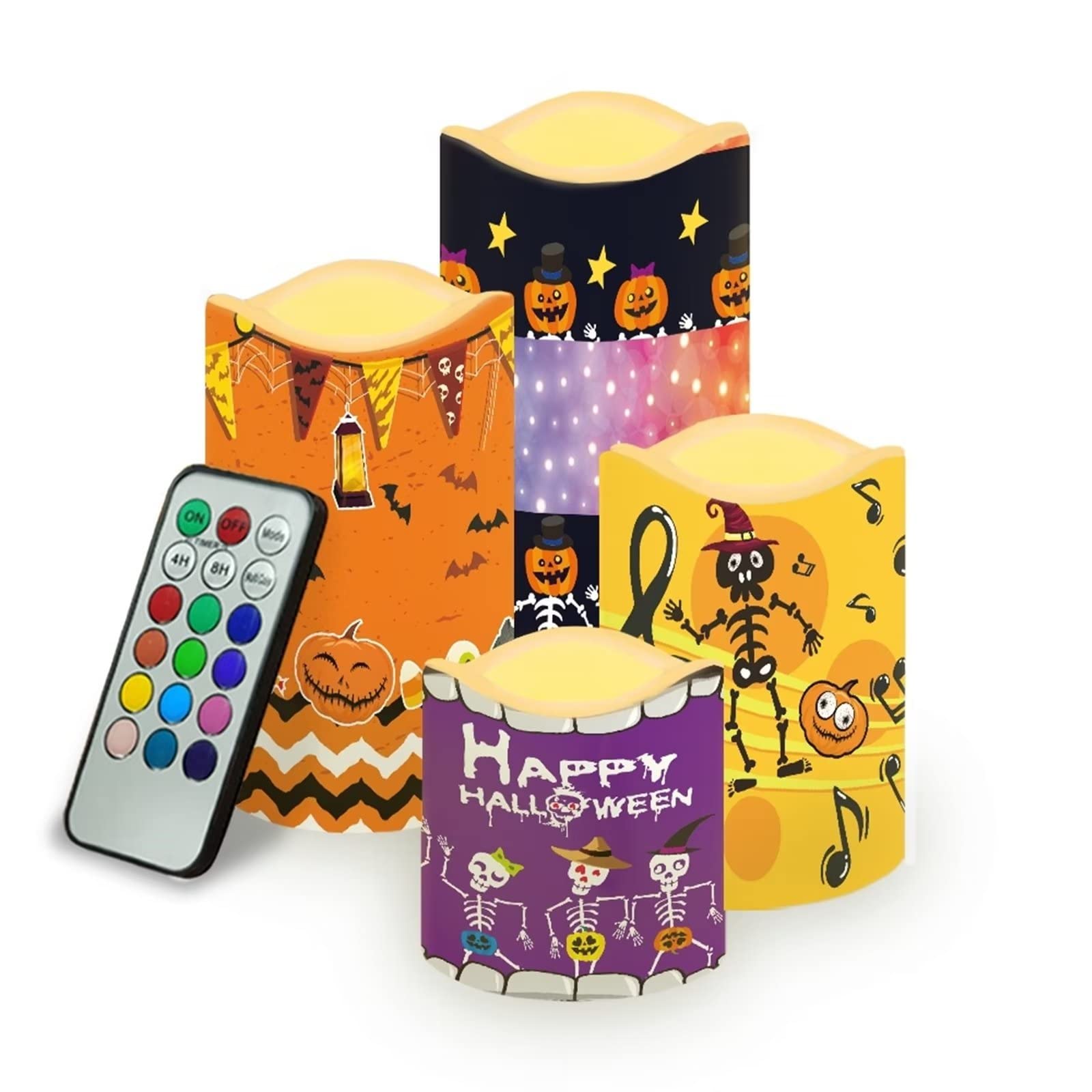 Jeiento Halloween Skull Pumpkin Flameless LED Candles - Battery Operated Moving Flame Wick with Remote Timer - Set of 4 for Indoor & Outdoor Decor, Parties, and Spooky Atmosphere