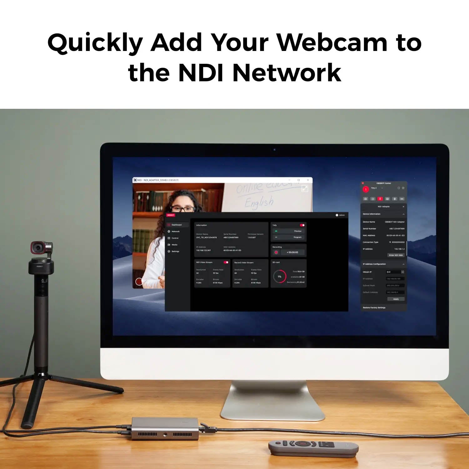 UVC to NDI Adapter for OBSBOT Tiny2 Webcam (ONB 2209 CW) - Stream Live Video to NDI-Compatible Software for Professional Broadcasting & Video Conferencing