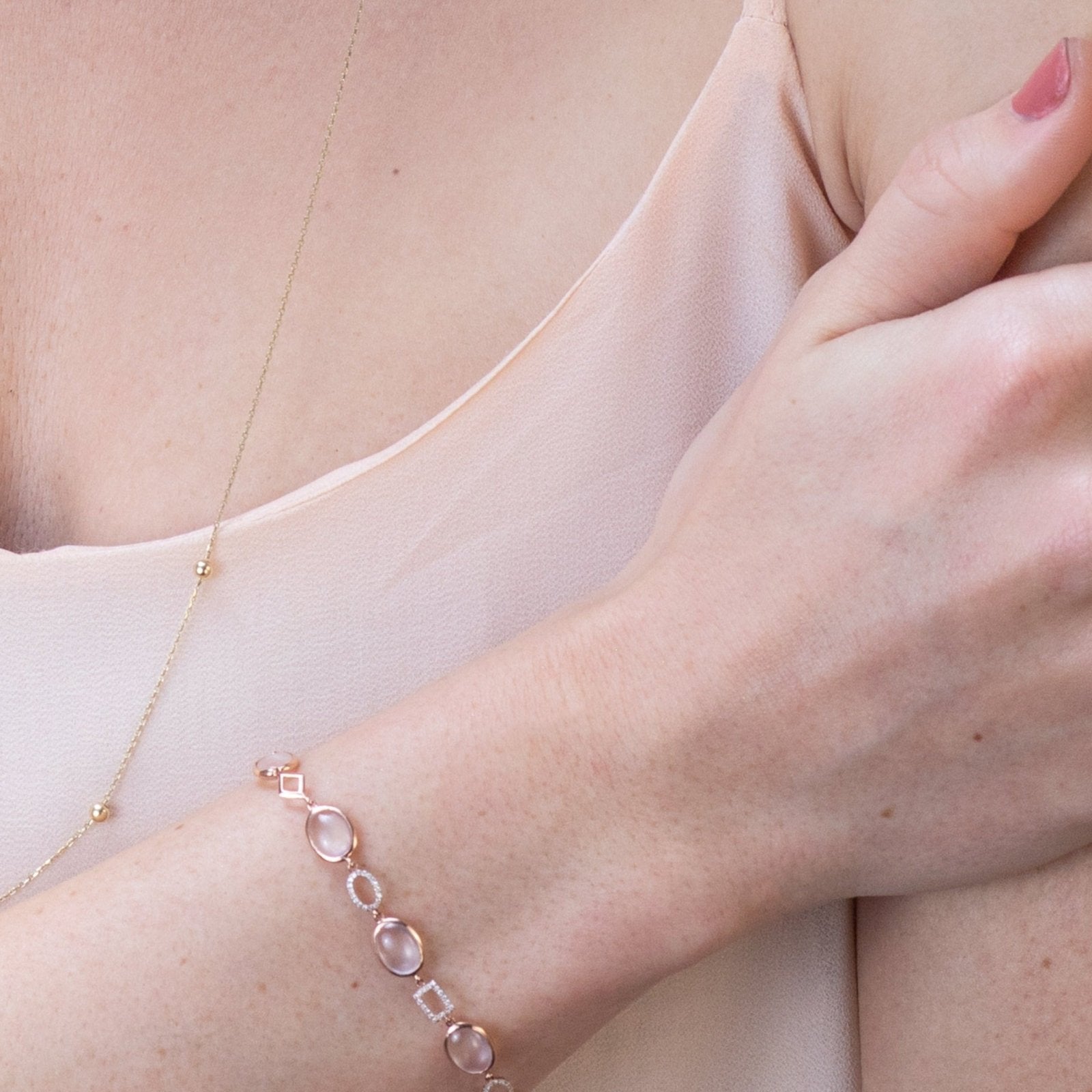 14K Rose Gold Rose Quartz & Geometric Diamond Link Bracelet - Elegant Jewelry for Women, Perfect for Gifts, Weddings & Special Occasions