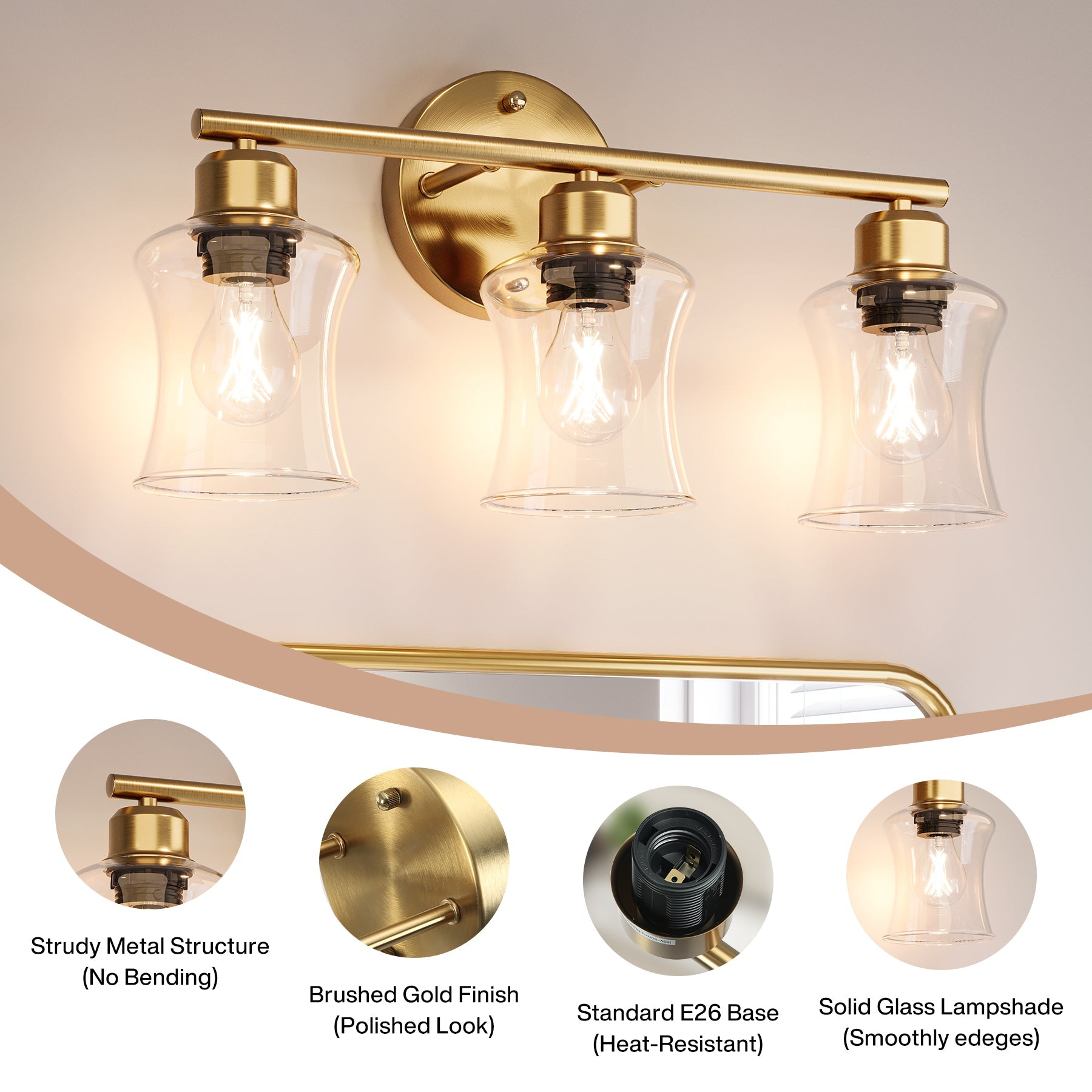Modern 3-Light Bathroom Wall Sconce with Clear Glass Shades - Perfect for Vanity, Powder Room & Hallway Lighting