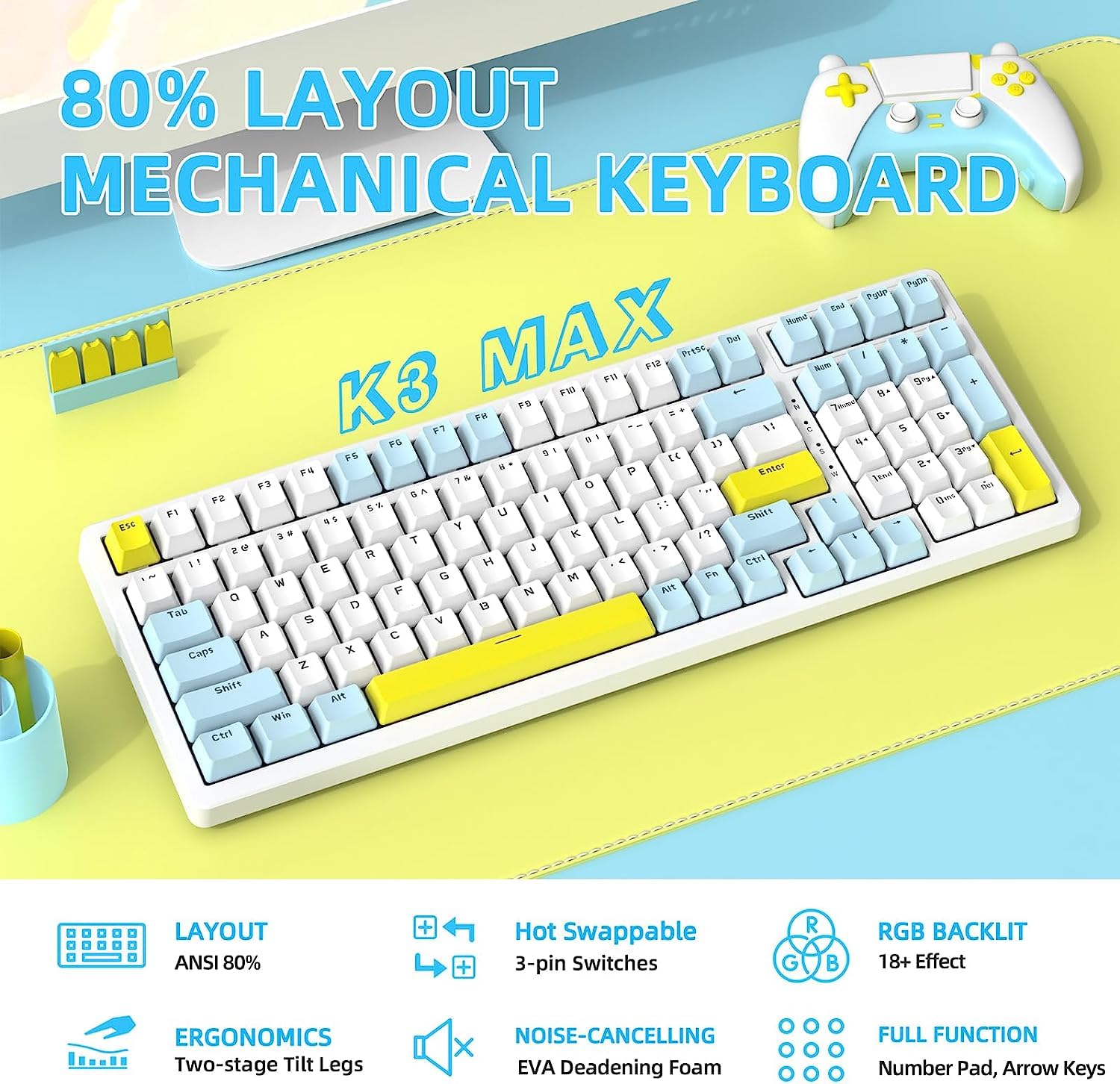 Ajazz Mechanical Gaming Keyboard - Hot Swappable, Compact USB Wired with Numeric Pad, 100 Keys Double-Shot ABS Keycaps, N-Key Rollover RGB Custom Keyboard for PC & Mac (MX Blue) - Perfect for Gaming, Typing & Office Work