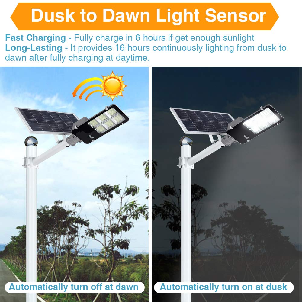 6000W LED Solar Street Light Outdoor - Dusk to Dawn Security Flood Light with Remote Control & Pole, Wireless Waterproof Solar Powered - Perfect for Yard, Parking Lot, Street, Garden, Garage & Pathway Lighting