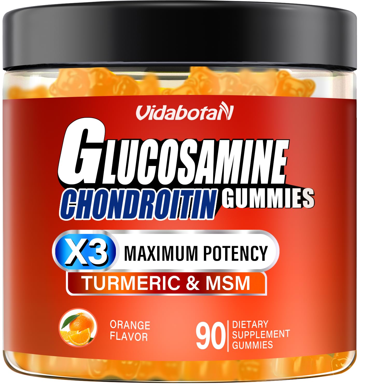 Sugar Free Glucosamine Chondroitin Gummies - Extra Strength 1500mg with MSM & Turmeric - Orange Flavor Gluten-Free Joint Support Supplement (90 Count) - Supports Mobility & Comfort for Active Lifestyles
