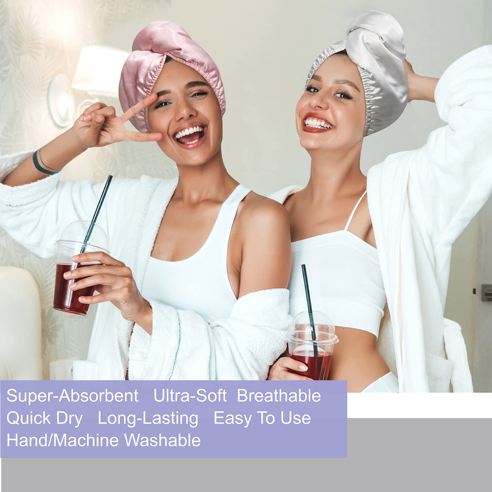 YoulerTex Microfiber Hair Towel Wrap Turban 2-Pack - Ultra Absorbent Quick Dry Hair Towels for Women with Curly, Long & Wet Hair - Anti-Frizz Plopping Hair Towel for Post Shower & Styling (Pink/Silver-White) - Perfect for Home, Salon & Travel Use