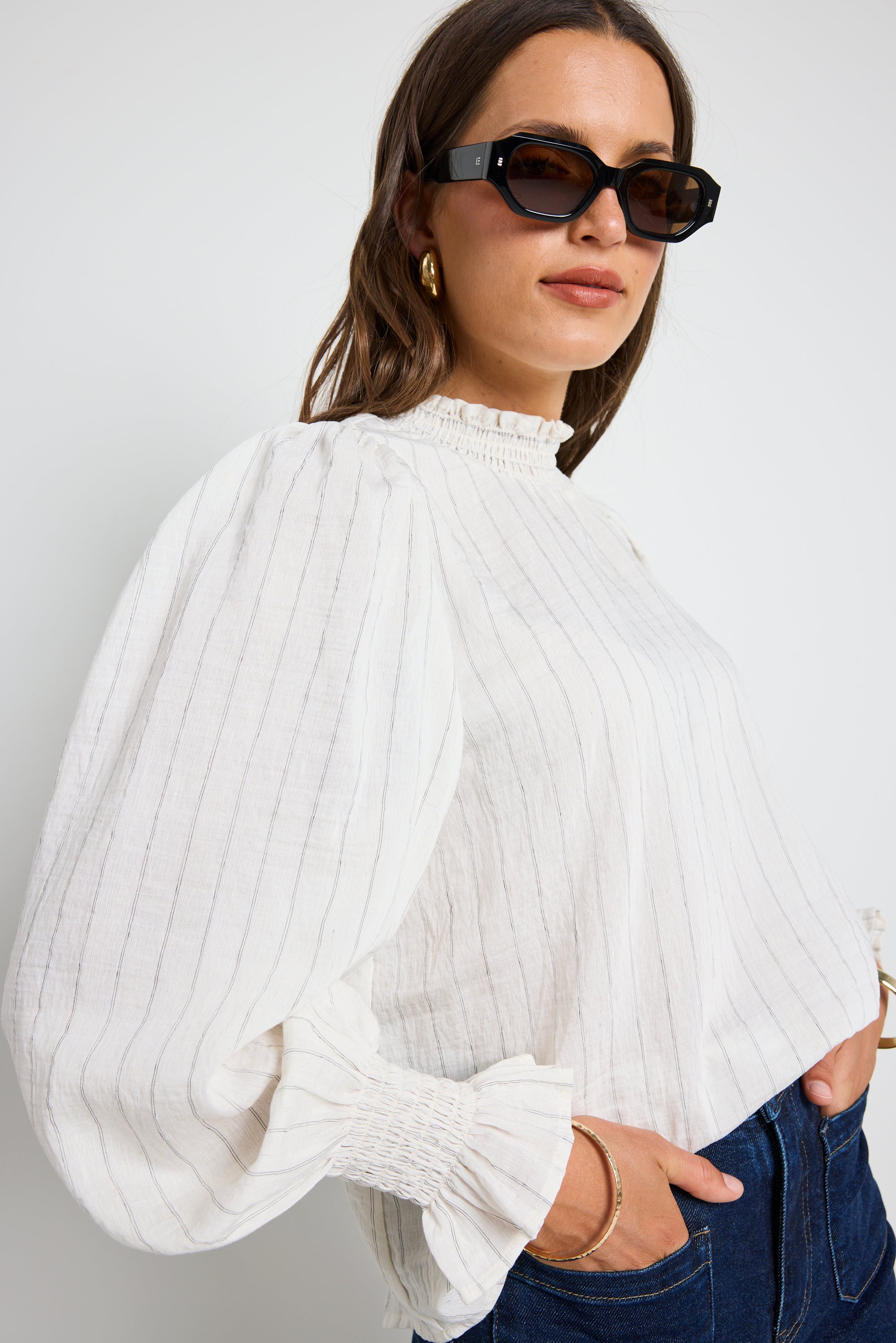 Emphatic Ivory Stripe High Neck Blouse for Women - Elegant Long Sleeve Tops for Work, Party & Casual Wear