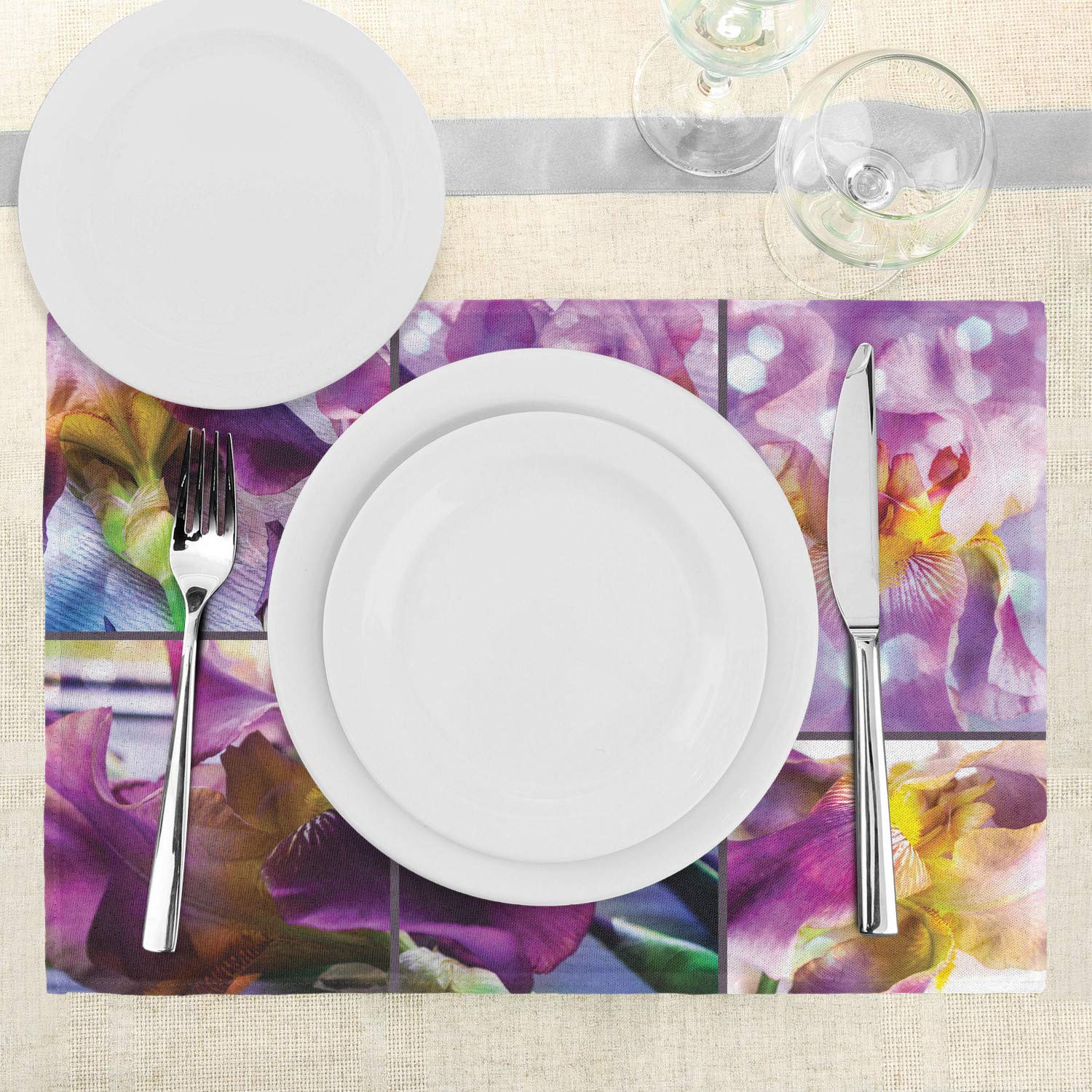Ambesonne Rustic Place Mats Set of 4 - Blooming Iris & Orchid Floral Design on Wood Texture, Washable Fabric Table Mats for Dining Room & Kitchen Decor (Yellow & Purple) | Perfect for Spring Tablescapes, Dinner Parties & Farmhouse Style Home Decor