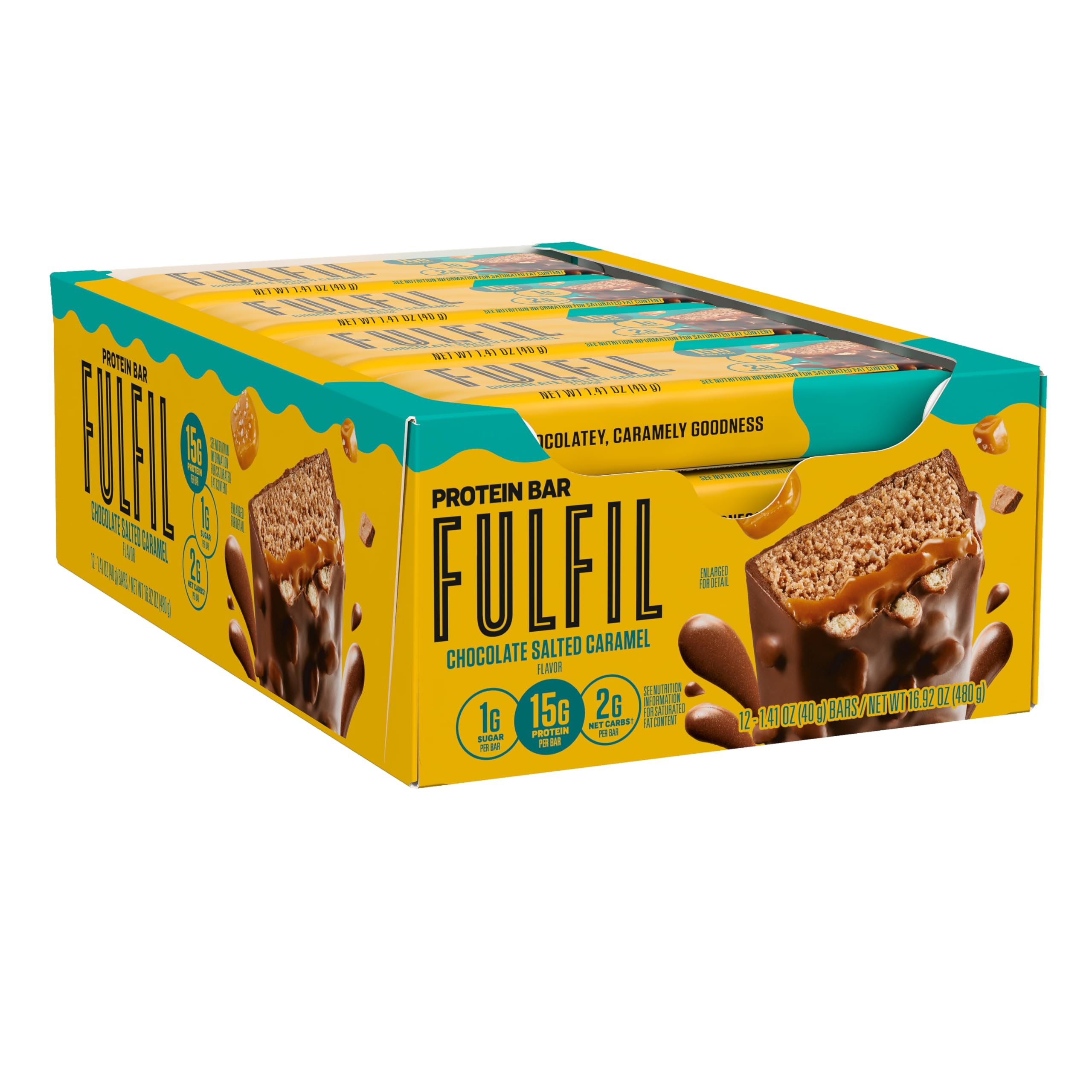 FULFIL High Protein Snack Bars - Chocolate Salted Caramel Flavor, 15g Protein per Bar, 12 Count Pack | Healthy On-the-Go Snacks for Workouts, Hiking & Weight Management